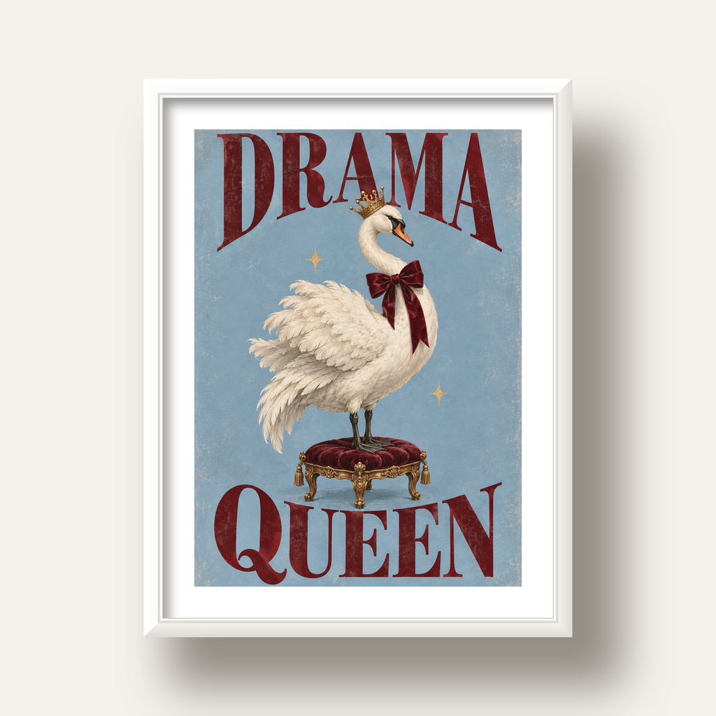 Drama Queen Kuğu Poster – Nostaljik ve Zarif Duvar Dekoru — beyaz derin çerçeveli paspartulu
