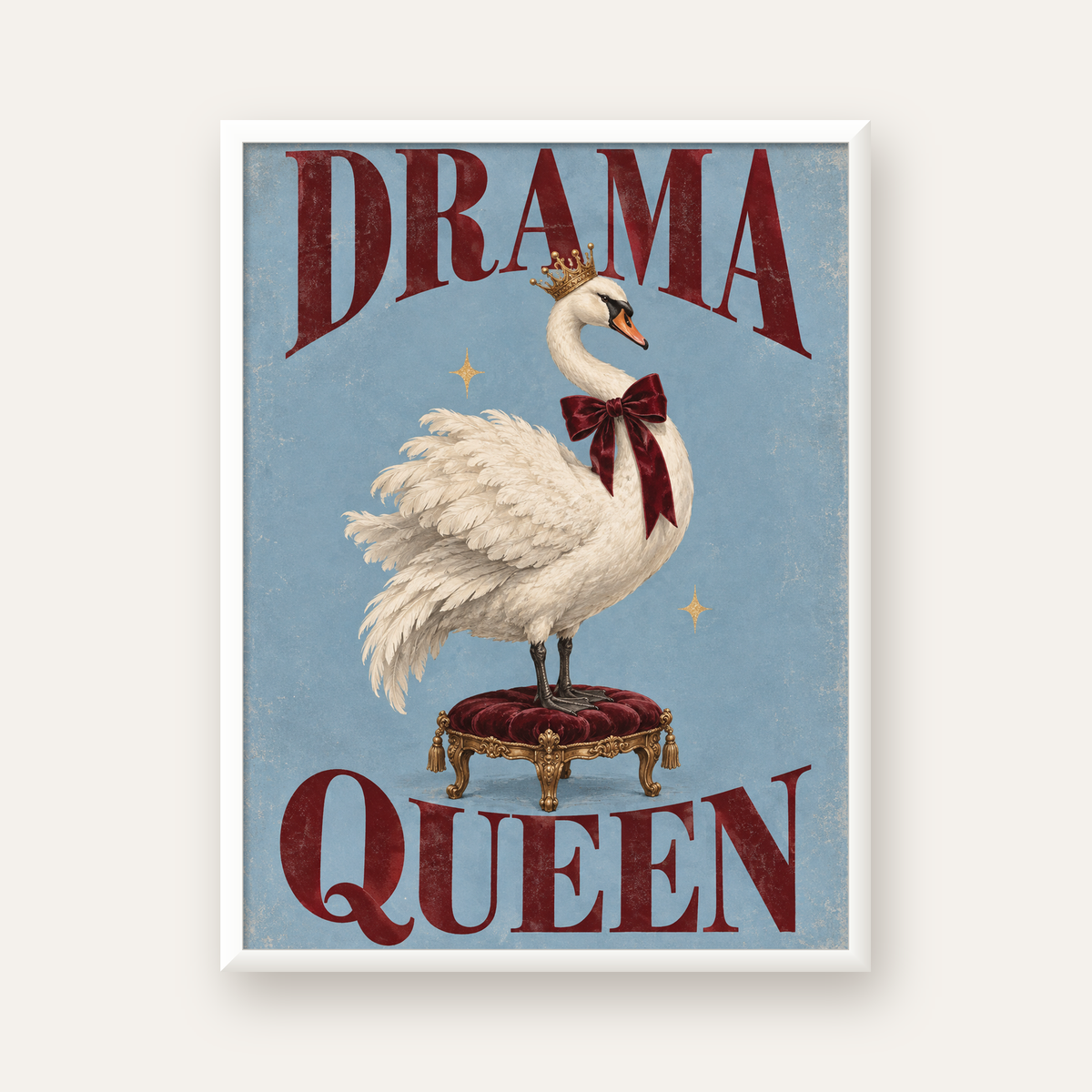 Drama Queen Kuğu Poster – Nostaljik ve Zarif Duvar Dekoru — beyaz çerçeveli dikey poster