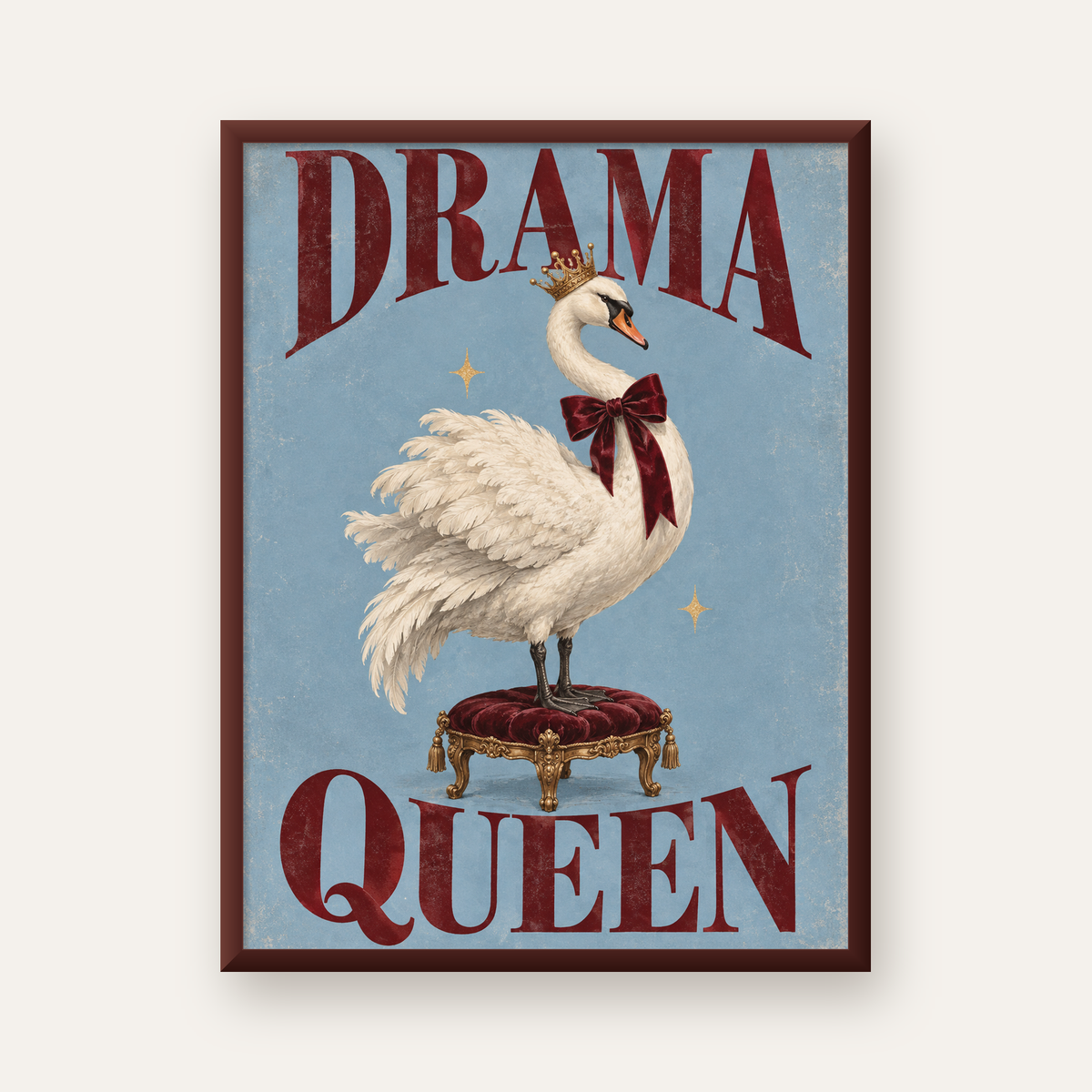 Drama Queen Kuğu Poster – Nostaljik ve Zarif Duvar Dekoru — ceviz çerçeveli