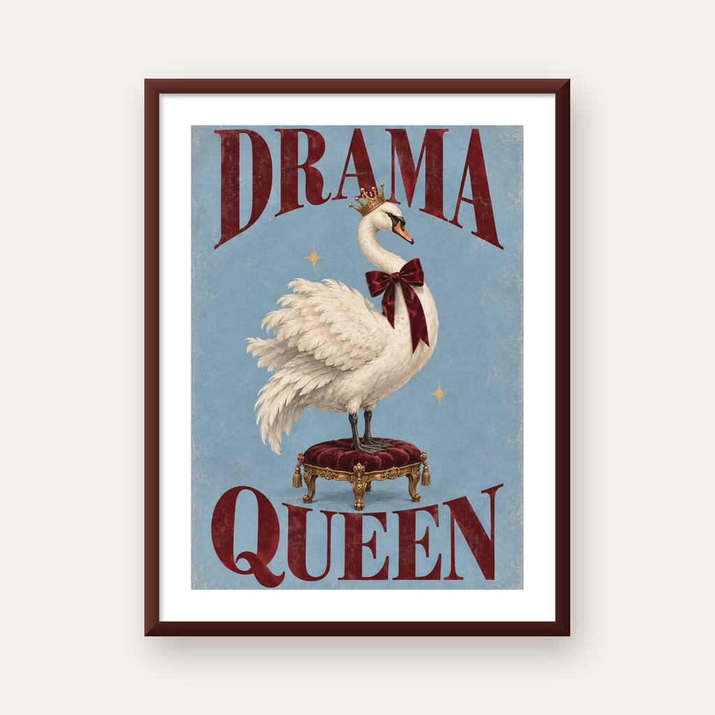 Drama Queen Kuğu Poster – Nostaljik ve Zarif Duvar Dekoru — ceviz çerçeveli paspartulu