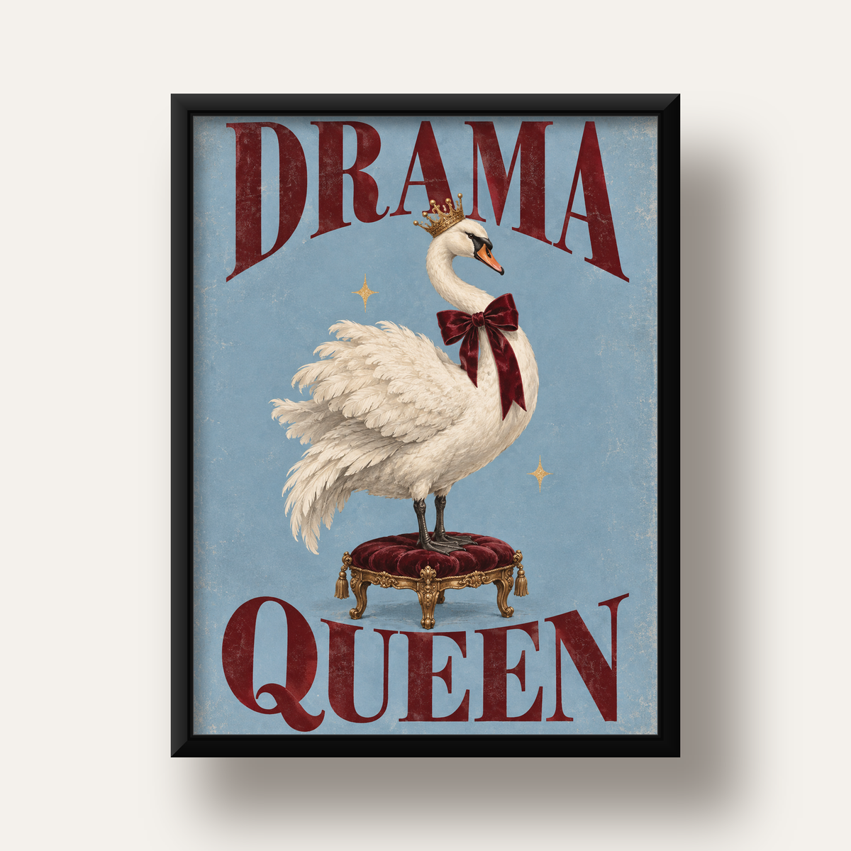 Drama Queen Kuğu Poster – Nostaljik ve Zarif Duvar Dekoru — siyah derin çerçeveli