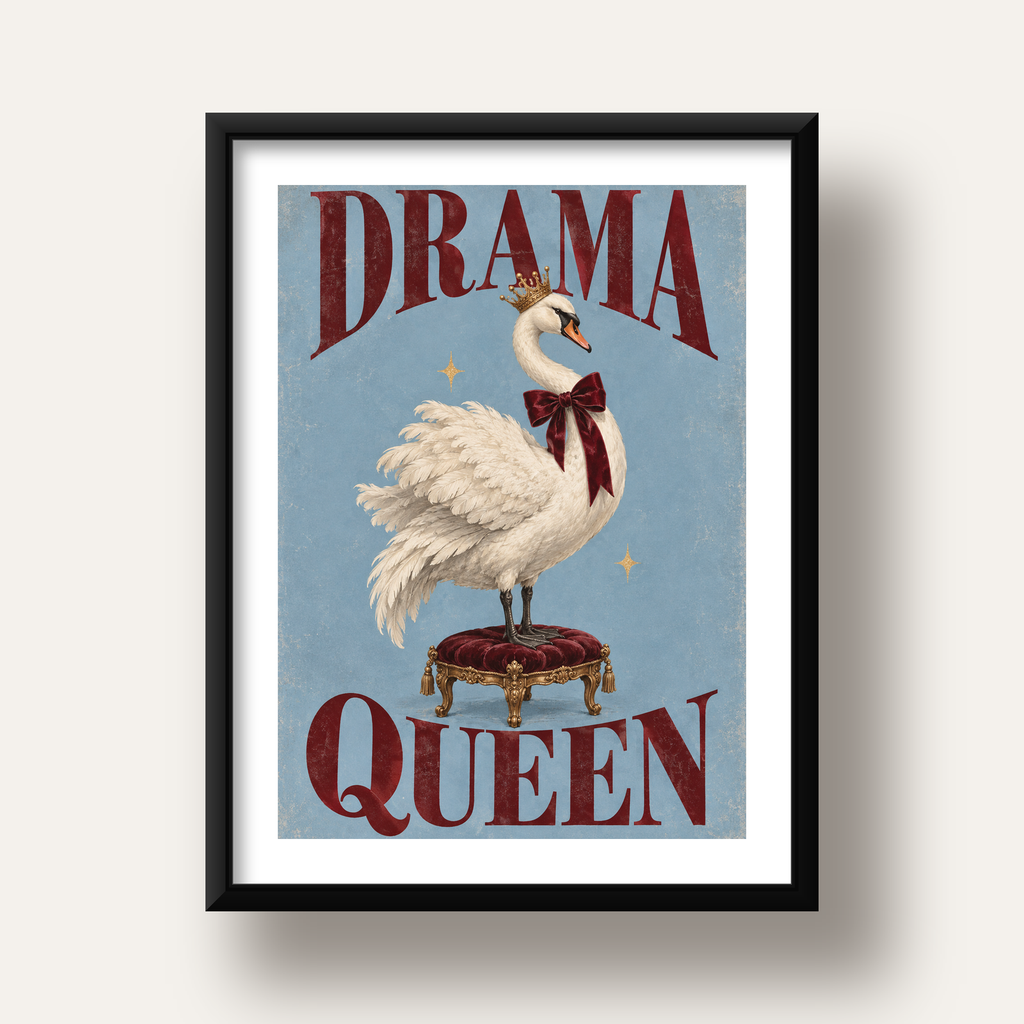 Drama Queen Kuğu Poster – Nostaljik ve Zarif Duvar Dekoru — siyah derin çerçeveli paspartulu