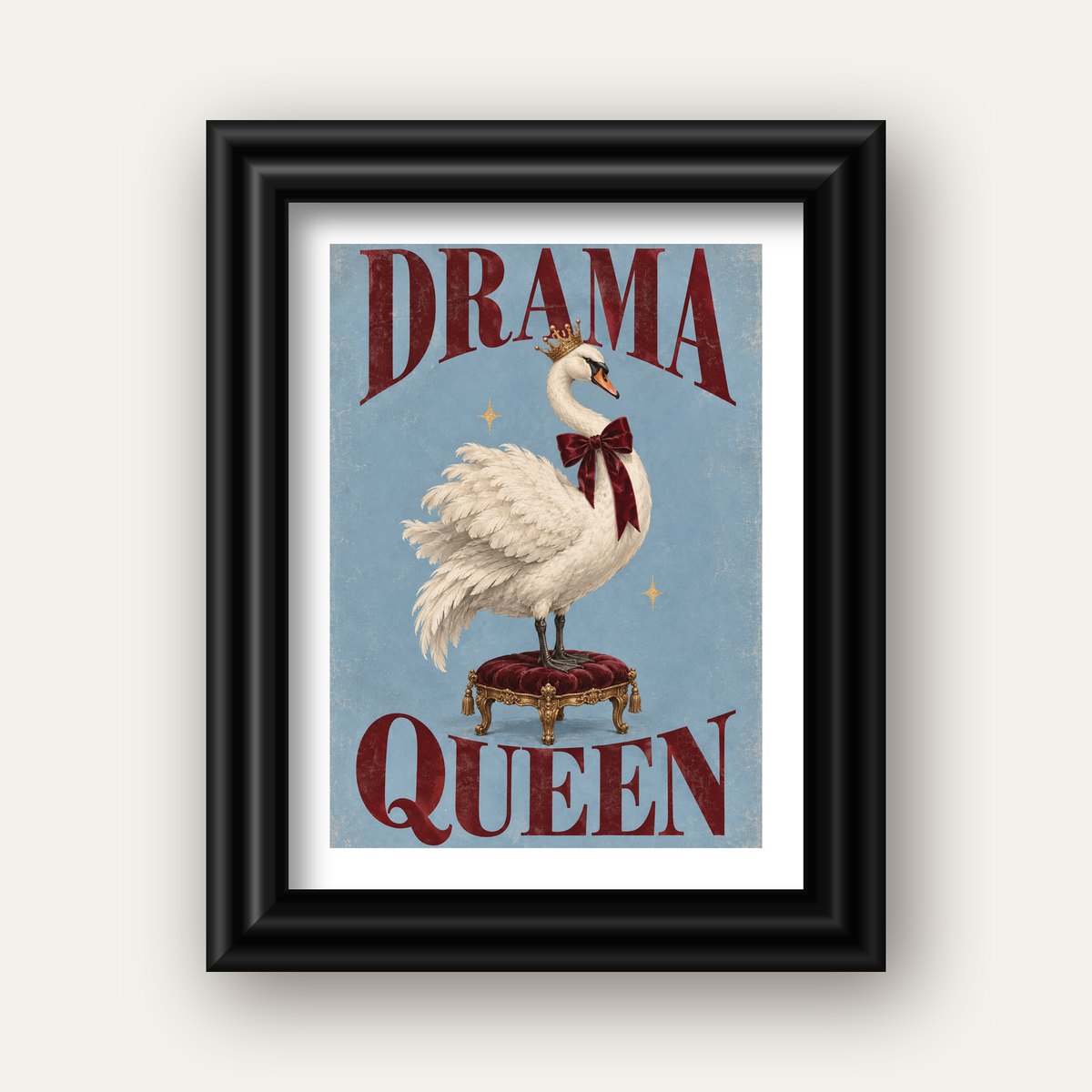 Drama Queen Kuğu Poster – Nostaljik ve Zarif Duvar Dekoru — siyah galeri çerçeveli paspartulu