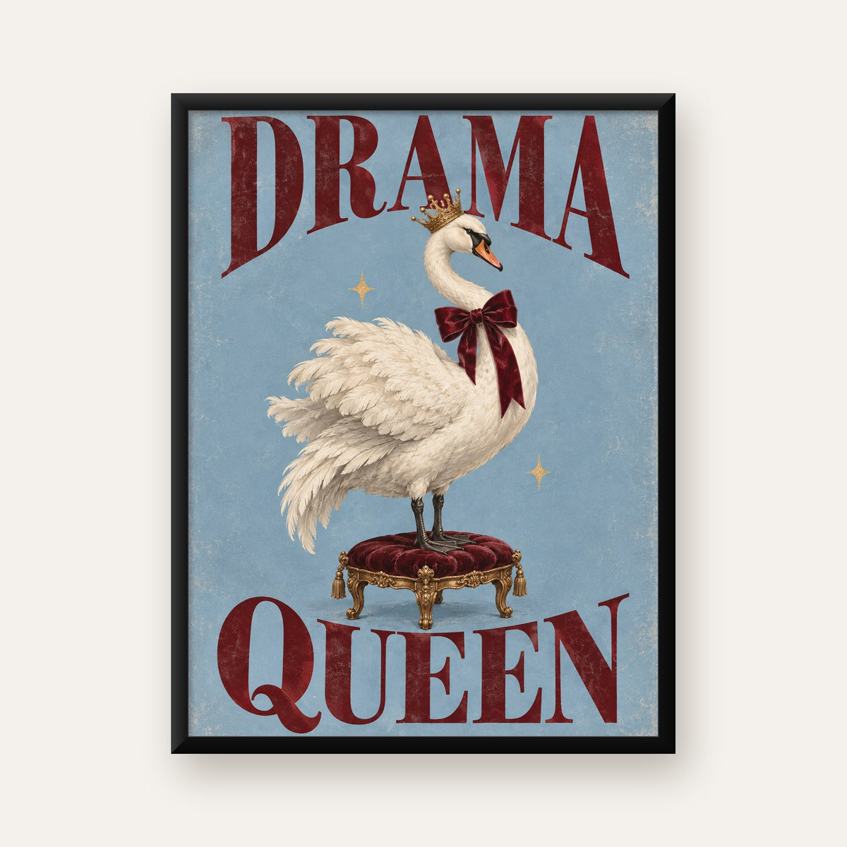 Drama Queen Kuğu Poster – Nostaljik ve Zarif Duvar Dekoru — Dikey baskı, düz siyah çerçeveli duvar posteri