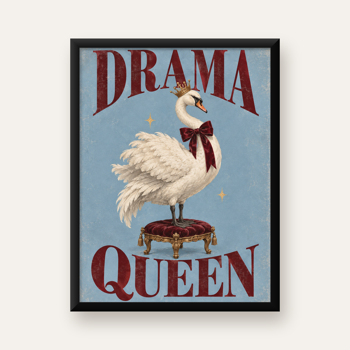 Drama Queen Kuğu Poster – Nostaljik ve Zarif Duvar Dekoru — Dikey baskı, düz siyah çerçeveli duvar posteri