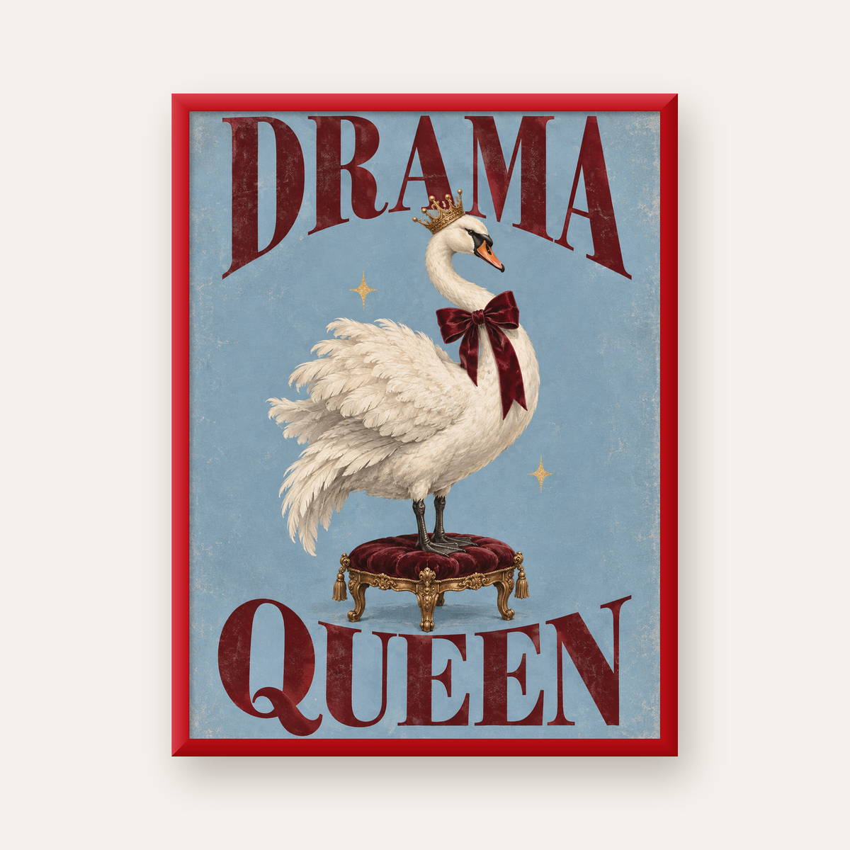 Drama Queen Kuğu Poster – Nostaljik ve Zarif Duvar Dekoru — kırmızı çerçeveli