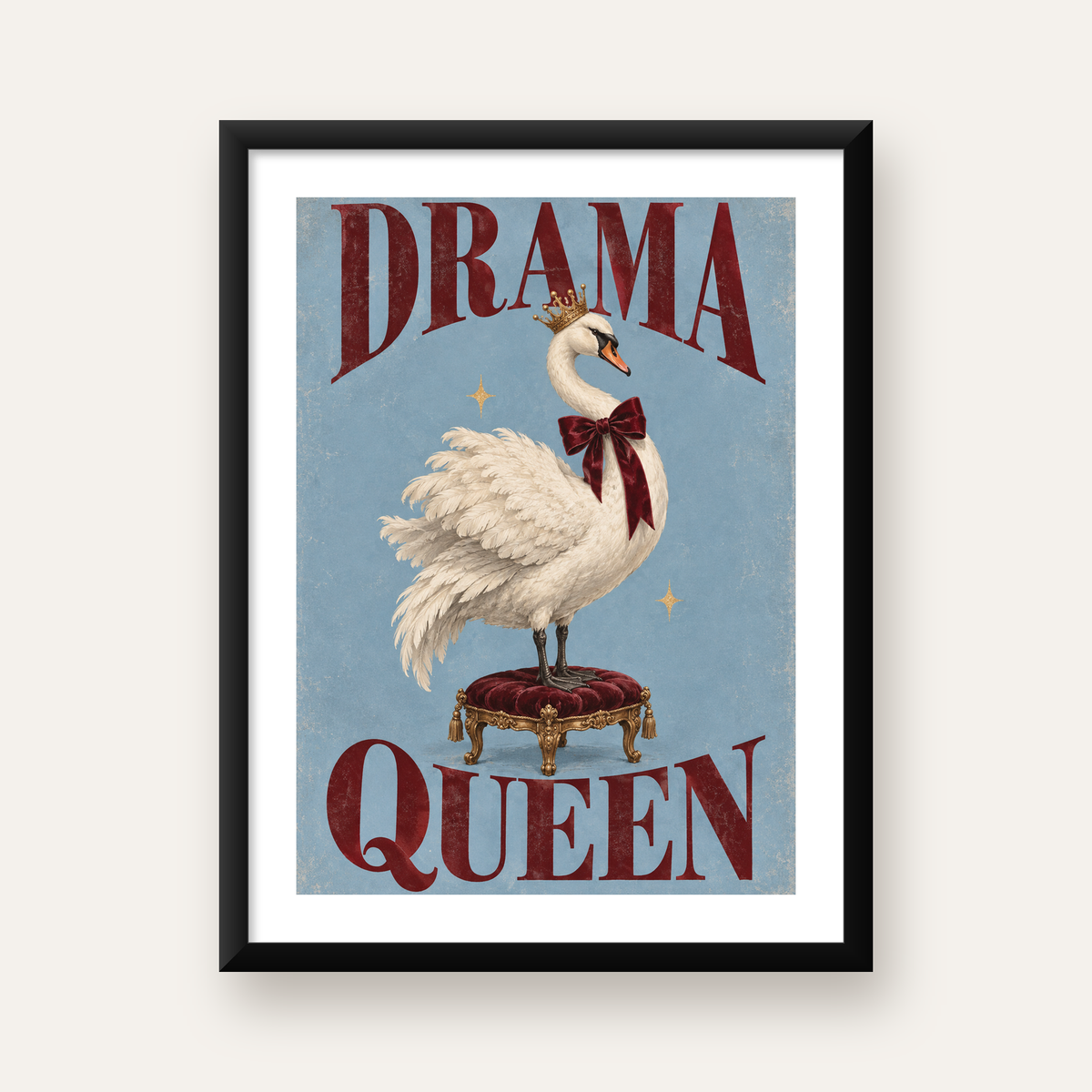 Drama Queen Kuğu Poster – Nostaljik ve Zarif Duvar Dekoru — Dikey baskı, beyaz paspartulu