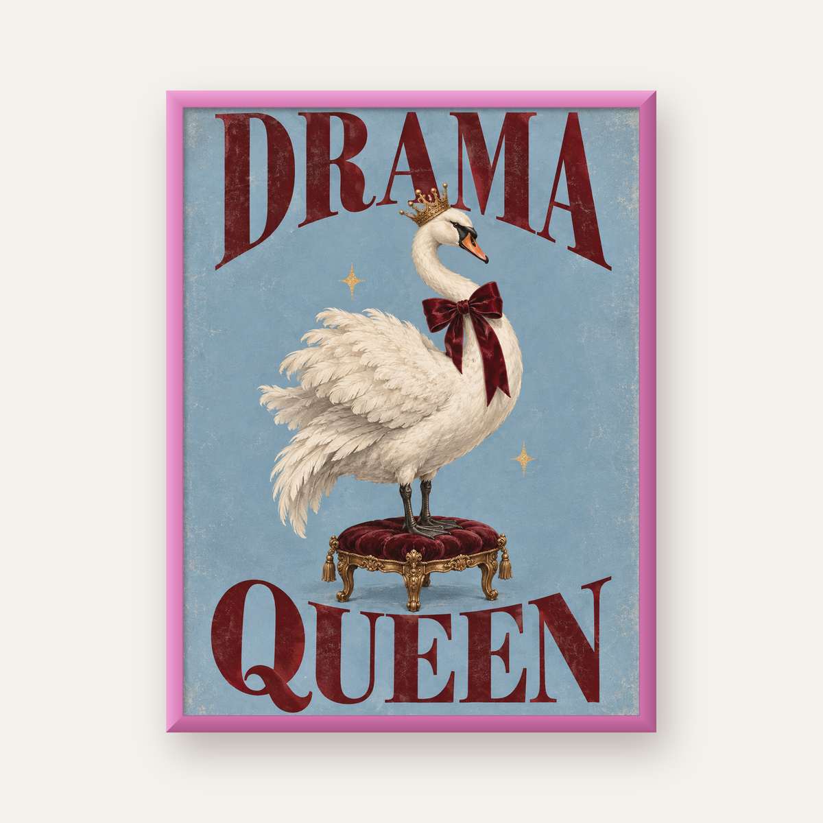 Drama Queen Kuğu Poster – Nostaljik ve Zarif Duvar Dekoru — pembe çerçeveli