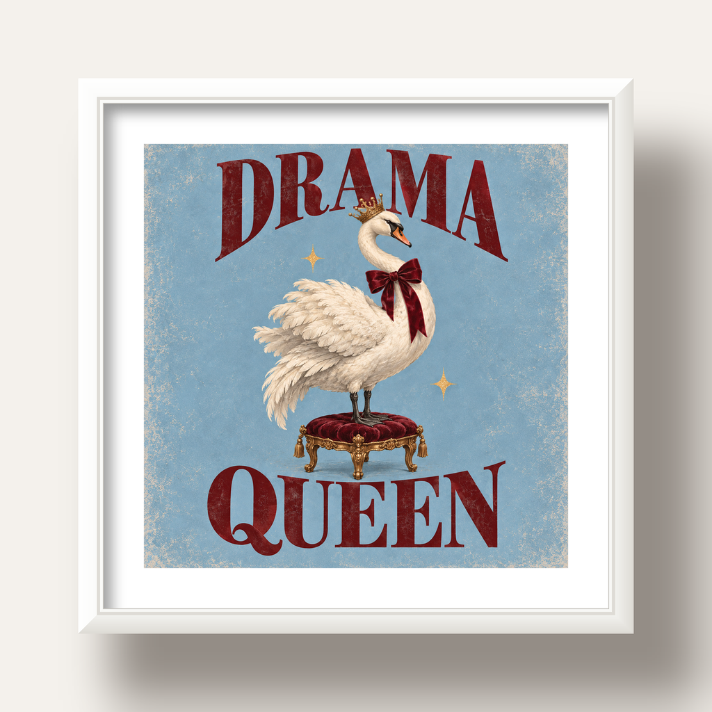 Drama Queen Kuğu Poster – Nostaljik ve Zarif Duvar Dekoru — beyaz derin çerçeveli paspartulu