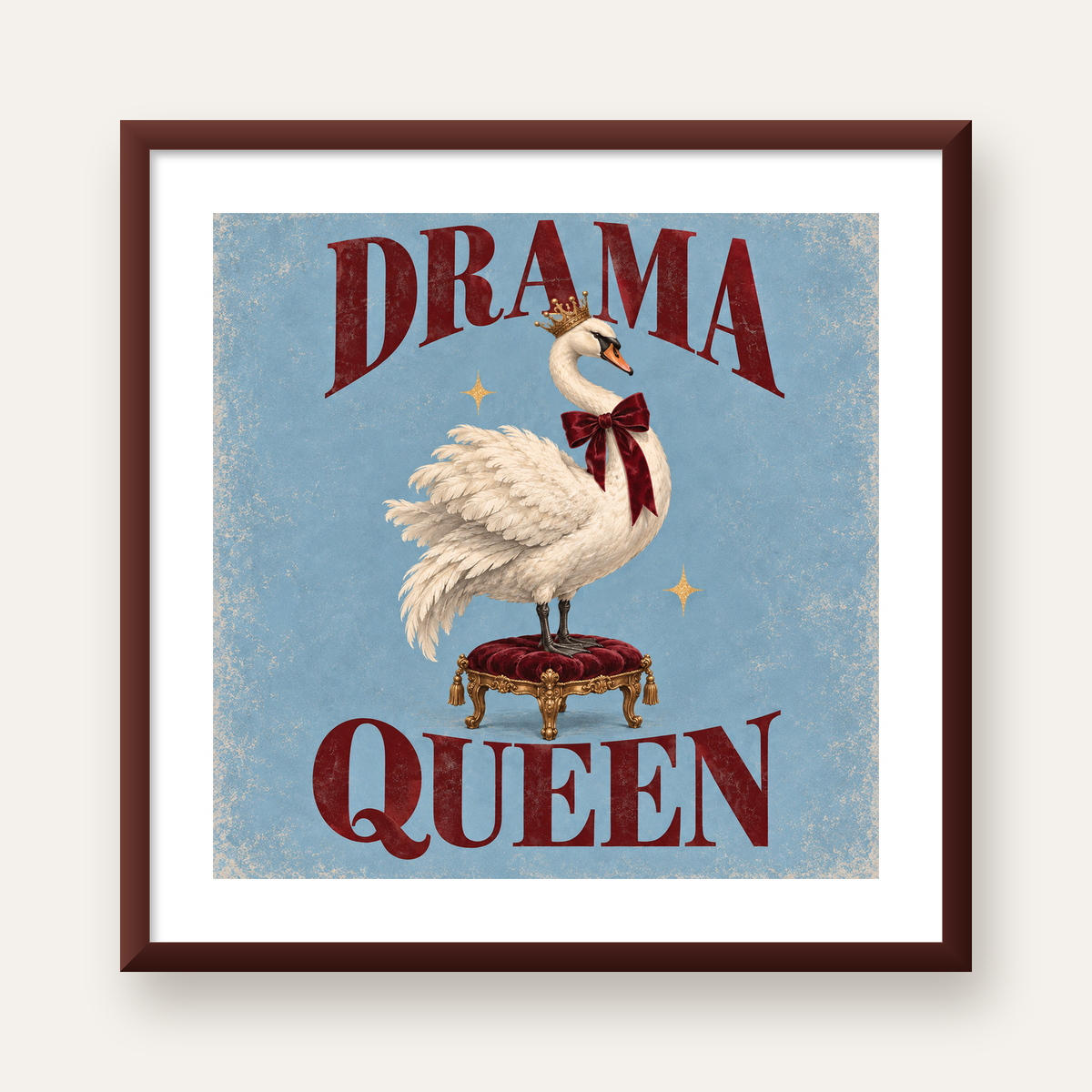 Drama Queen Kuğu Poster – Nostaljik ve Zarif Duvar Dekoru — ceviz çerçeveli paspartulu