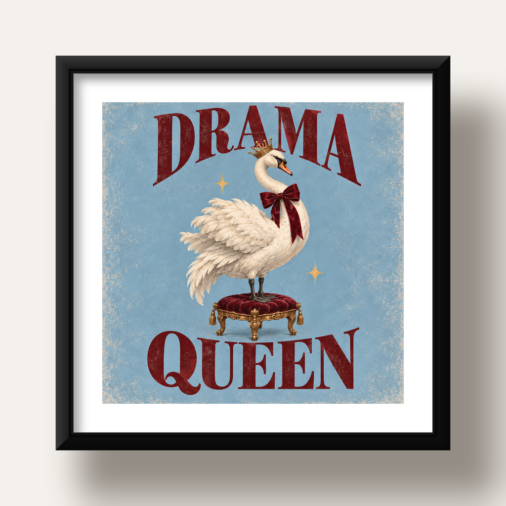 Drama Queen Kuğu Poster – Nostaljik ve Zarif Duvar Dekoru — siyah derin çerçeveli paspartulu
