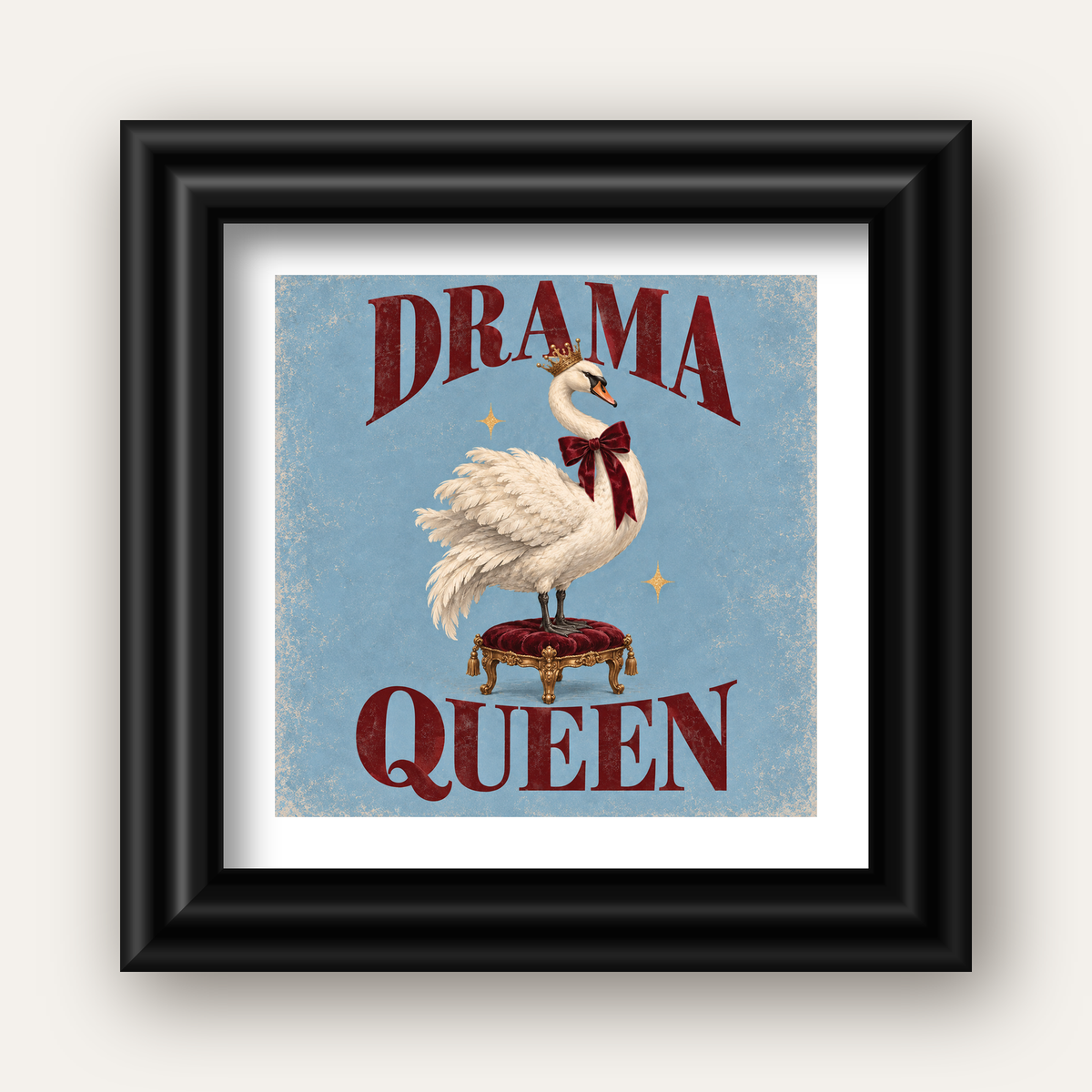 Drama Queen Kuğu Poster – Nostaljik ve Zarif Duvar Dekoru — siyah galeri çerçeveli paspartulu