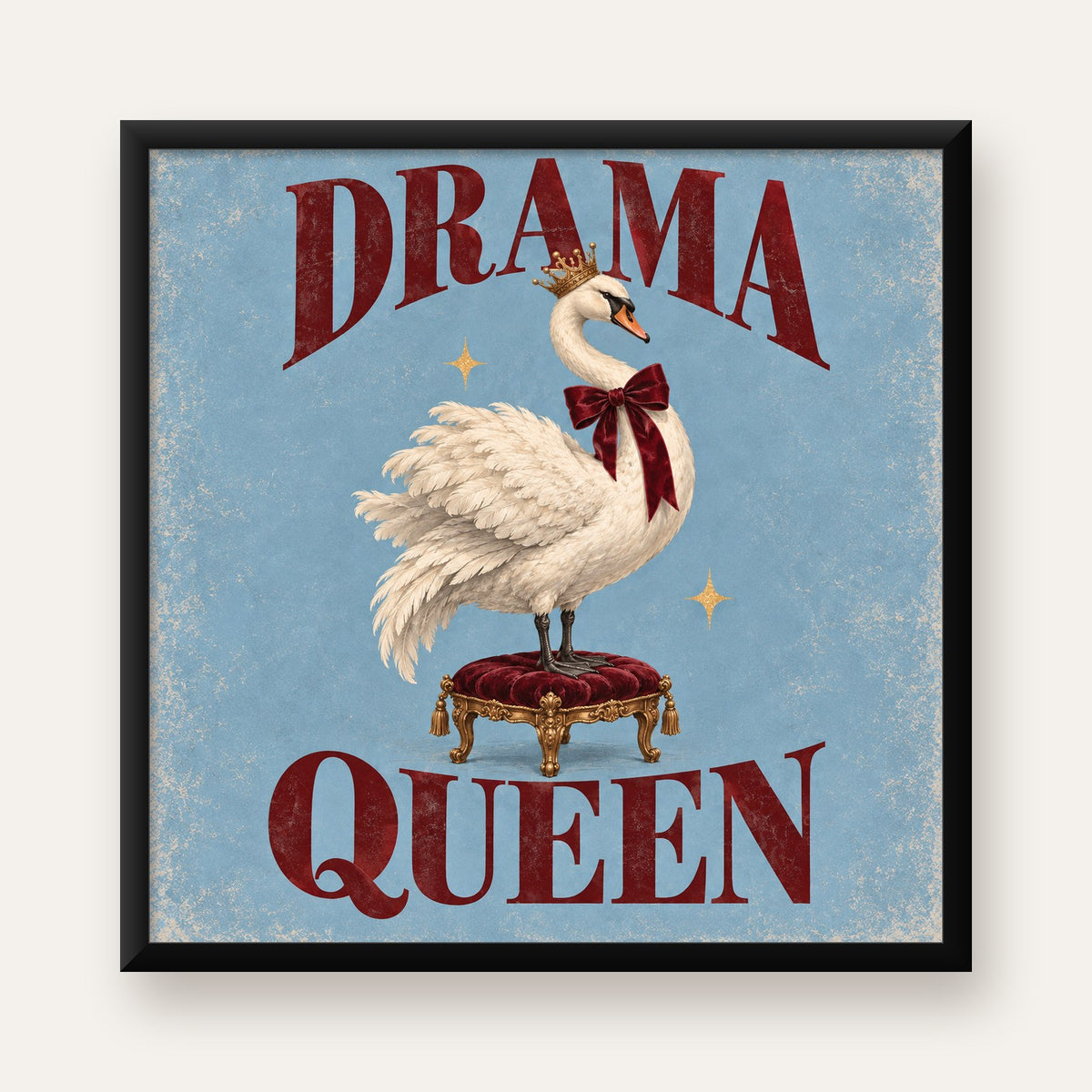 Drama Queen Kuğu Poster – Nostaljik ve Zarif Duvar Dekoru — Kare baskı, düz siyah çerçeveli duvar posteri