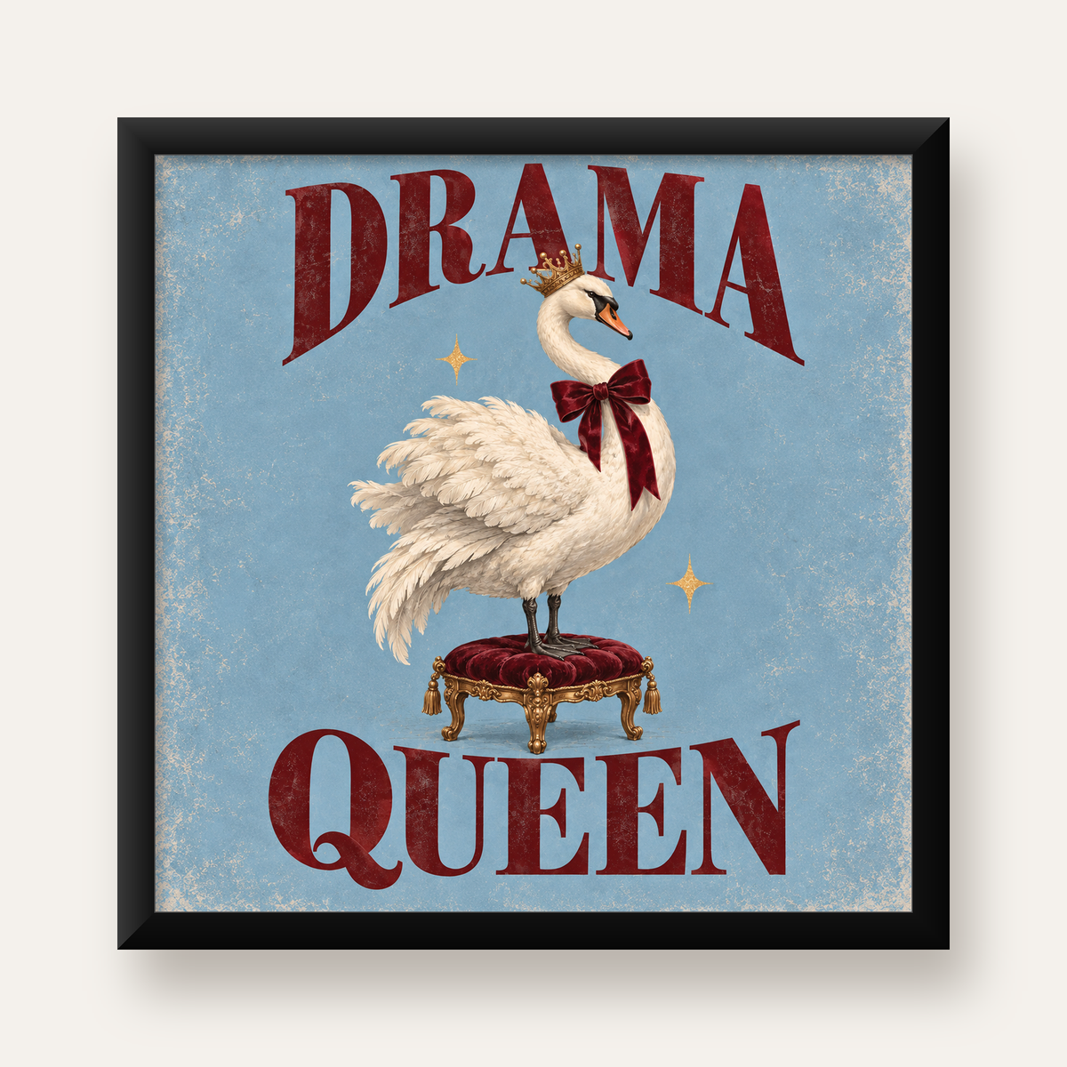 Drama Queen Kuğu Poster – Nostaljik ve Zarif Duvar Dekoru — Kare baskı, düz siyah çerçeveli duvar posteri