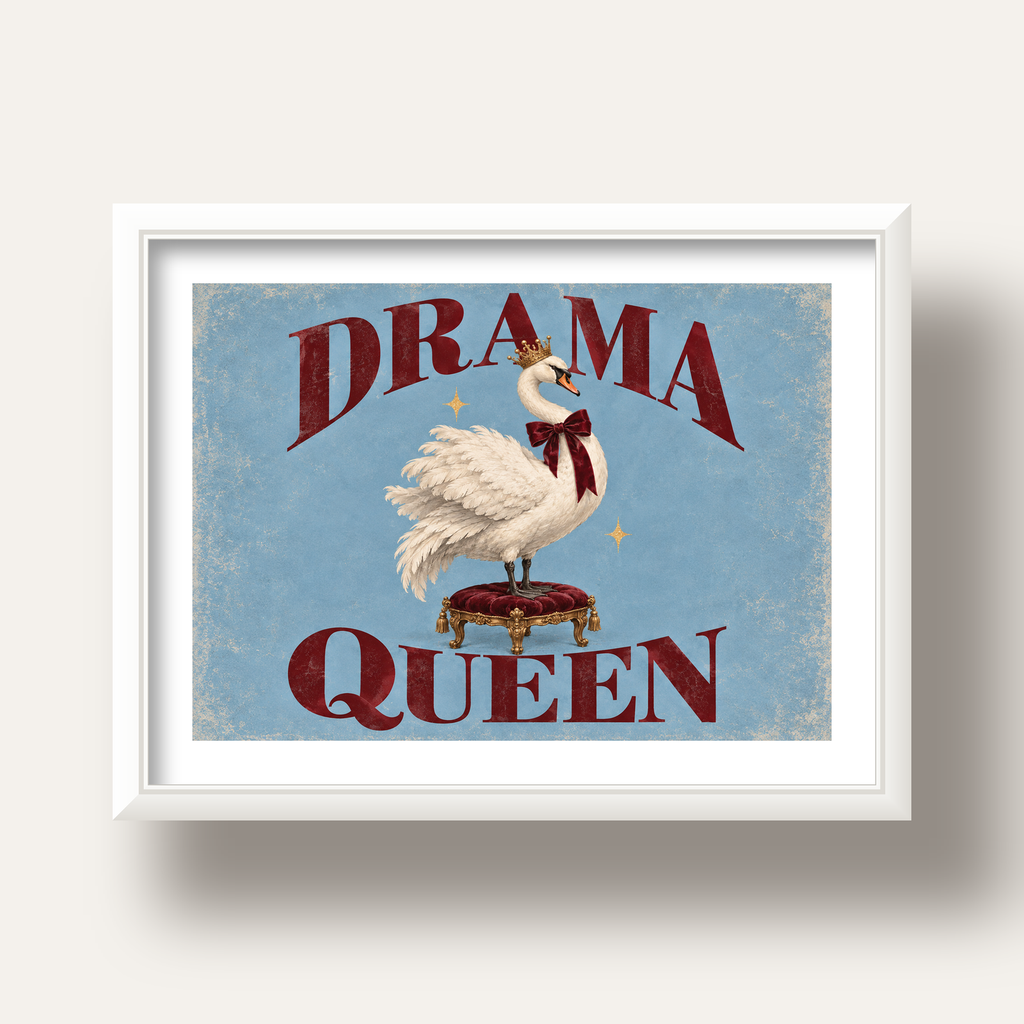 Drama Queen Kuğu Poster – Nostaljik ve Zarif Duvar Dekoru — beyaz derin çerçeveli paspartulu