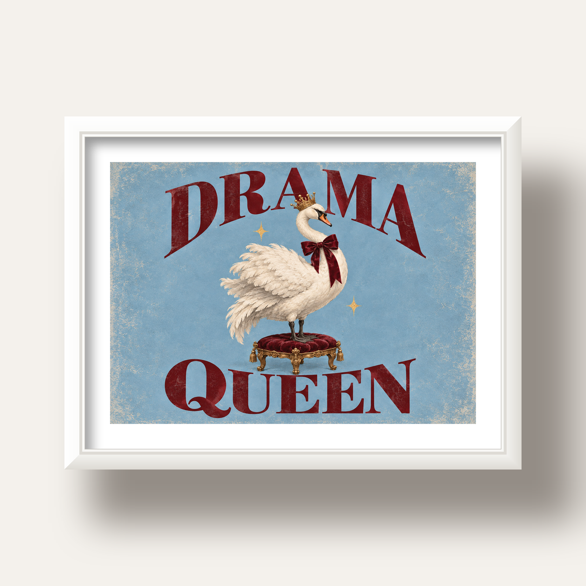 Drama Queen Kuğu Poster – Nostaljik ve Zarif Duvar Dekoru — beyaz derin çerçeveli paspartulu