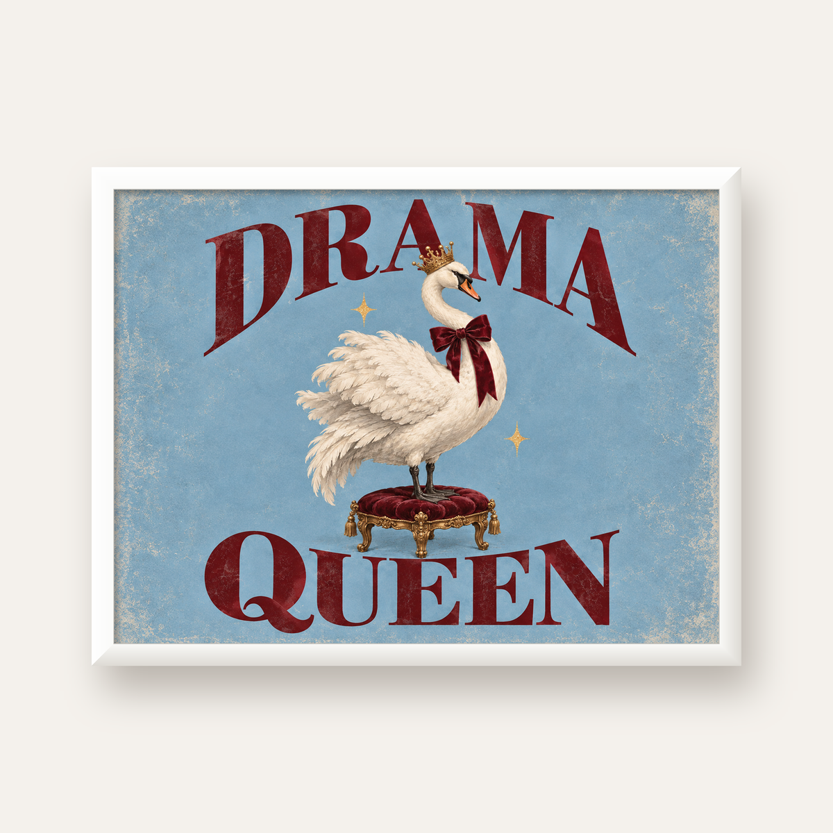 Drama Queen Kuğu Poster – Nostaljik ve Zarif Duvar Dekoru — beyaz çerçeveli yatay poster