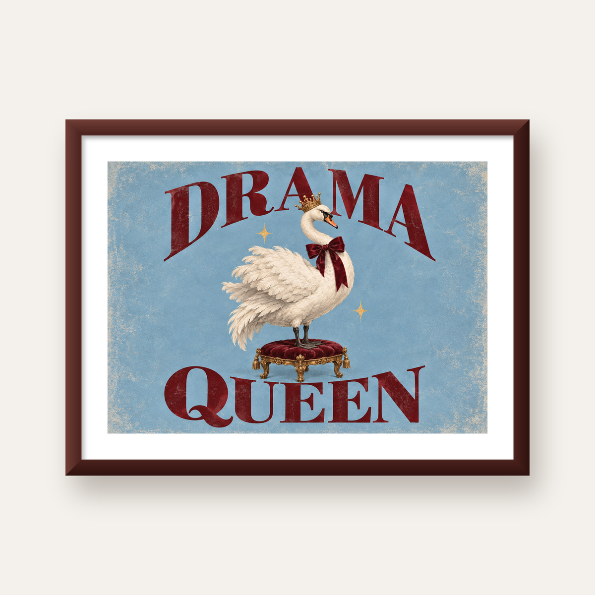 Drama Queen Kuğu Poster – Nostaljik ve Zarif Duvar Dekoru — ceviz çerçeveli paspartulu