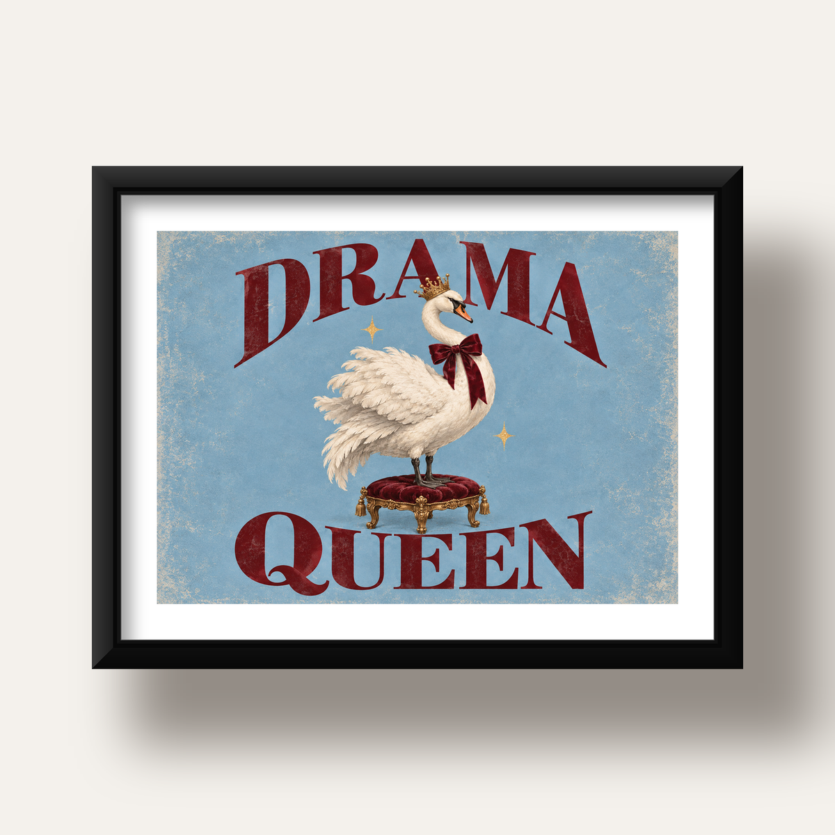 Drama Queen Kuğu Poster – Nostaljik ve Zarif Duvar Dekoru — siyah derin çerçeveli paspartulu