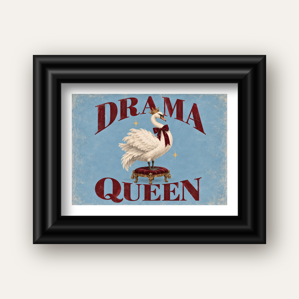 Drama Queen Kuğu Poster – Nostaljik ve Zarif Duvar Dekoru — siyah galeri çerçeveli paspartulu