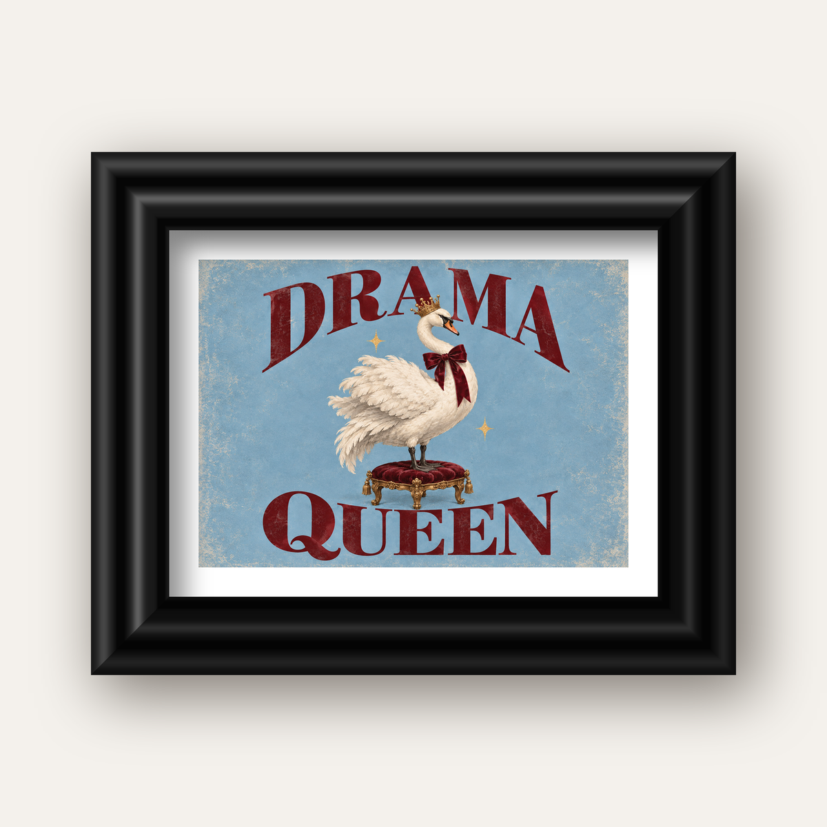 Drama Queen Kuğu Poster – Nostaljik ve Zarif Duvar Dekoru — siyah galeri çerçeveli paspartulu