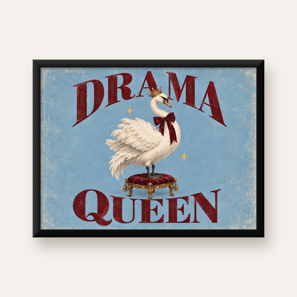 Drama Queen Kuğu Poster – Nostaljik ve Zarif Duvar Dekoru — Yatay baskı, düz siyah çerçeveli duvar posteri