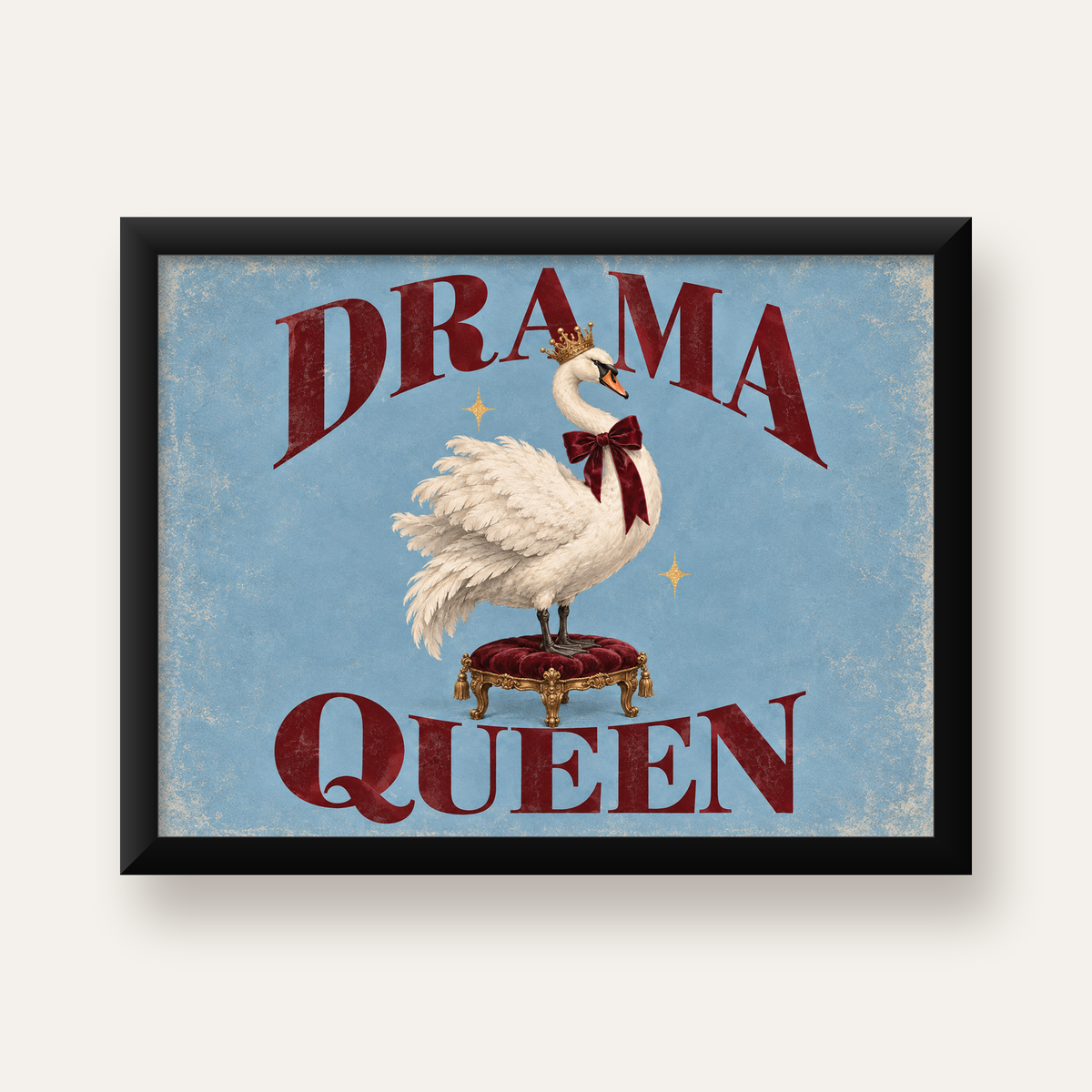 Drama Queen Kuğu Poster – Nostaljik ve Zarif Duvar Dekoru — Yatay baskı, düz siyah çerçeveli duvar posteri
