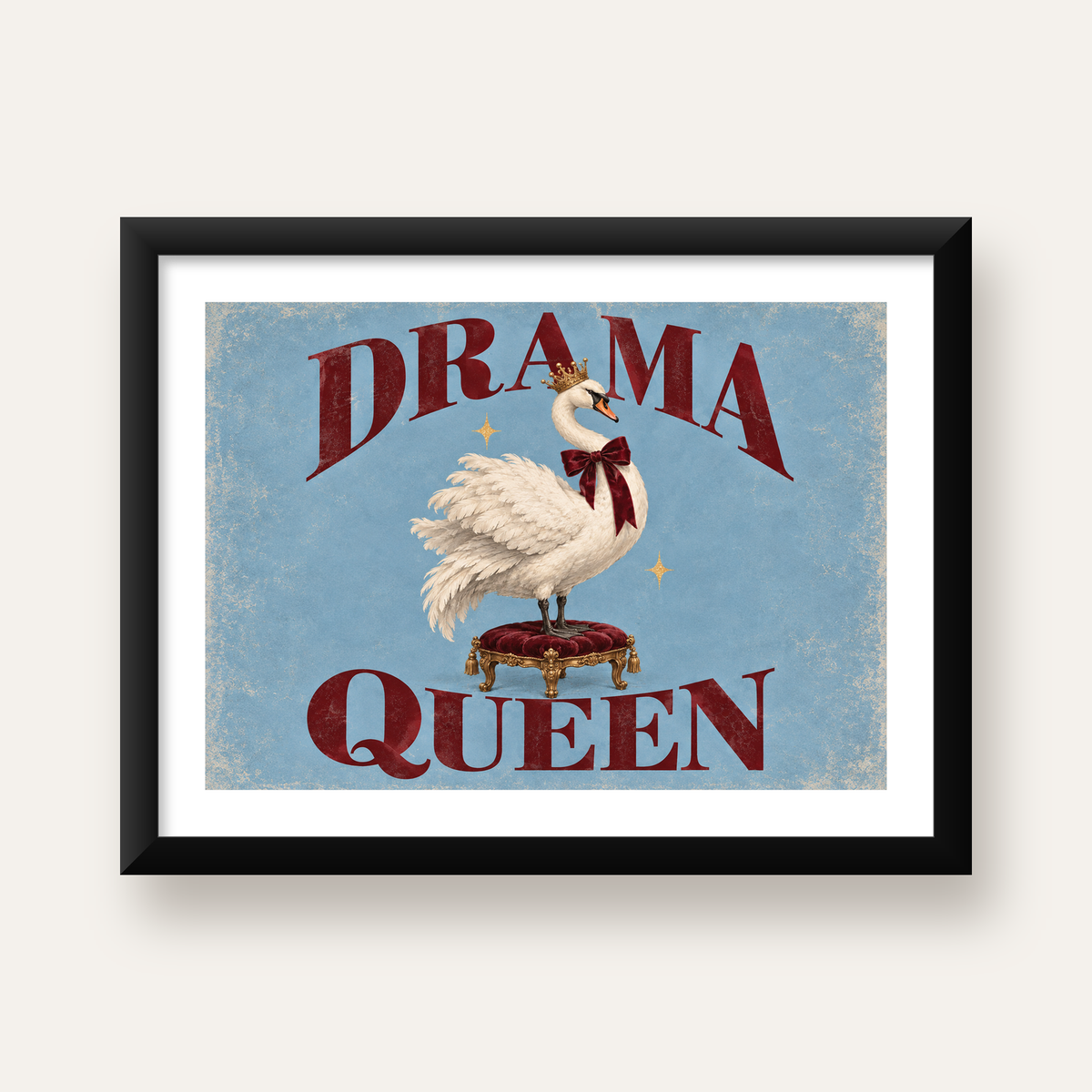 Drama Queen Kuğu Poster – Nostaljik ve Zarif Duvar Dekoru — Yatay baskı, beyaz paspartulu