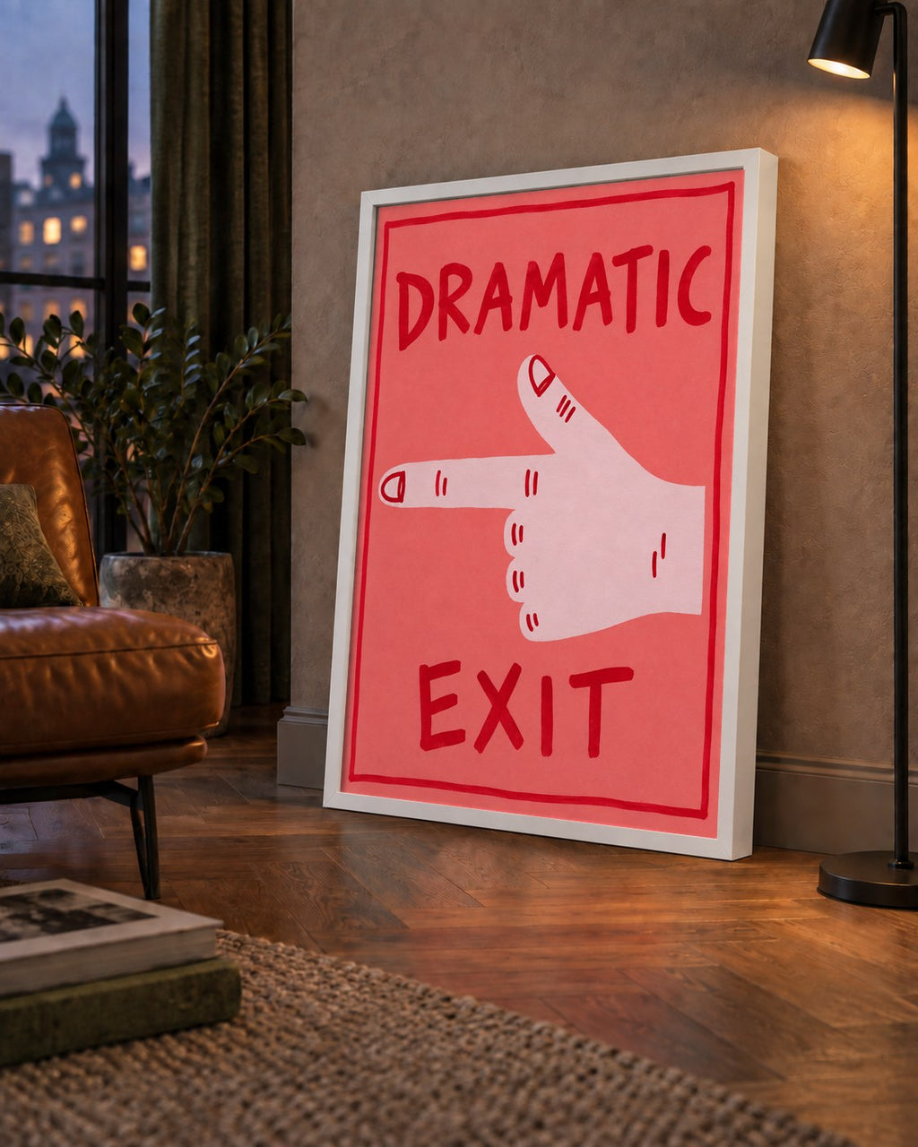 Mizahi 'Dramatic Exit' El Çizimi Poster – Modern Duvar Dekoru — çerçeveli hâliyle bir ev duvarında