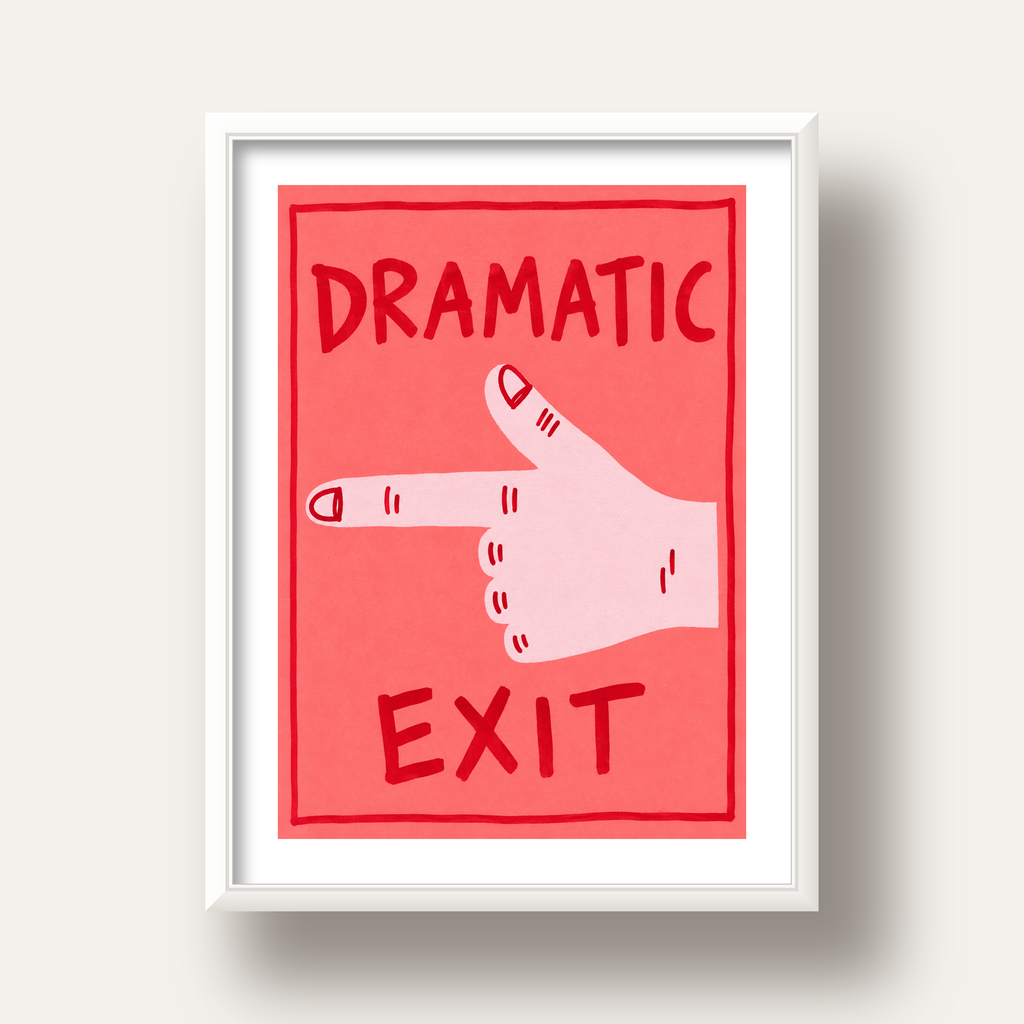Mizahi 'Dramatic Exit' El Çizimi Poster – Modern Duvar Dekoru — beyaz derin çerçeveli paspartulu