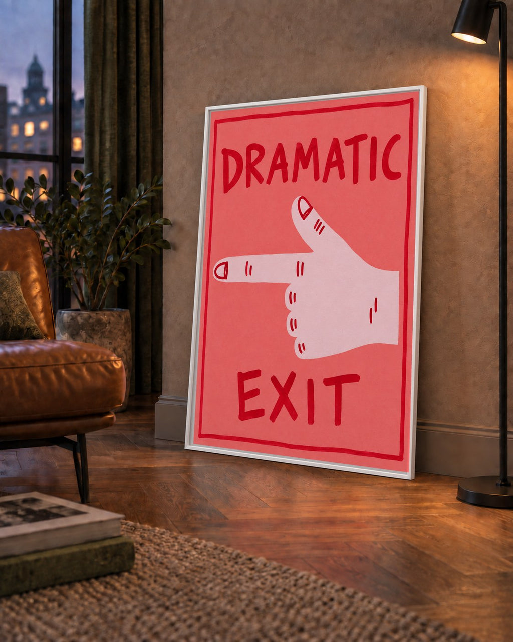 Mizahi 'Dramatic Exit' El Çizimi Poster – Modern Duvar Dekoru — çerçeveli hâliyle bir ev duvarında