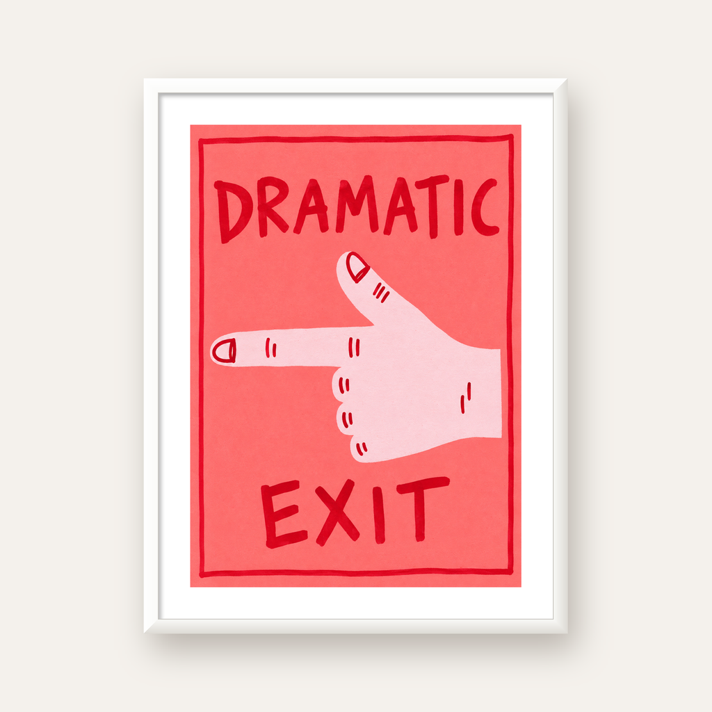 Mizahi 'Dramatic Exit' El Çizimi Poster – Modern Duvar Dekoru — beyaz çerçeveli dikey poster