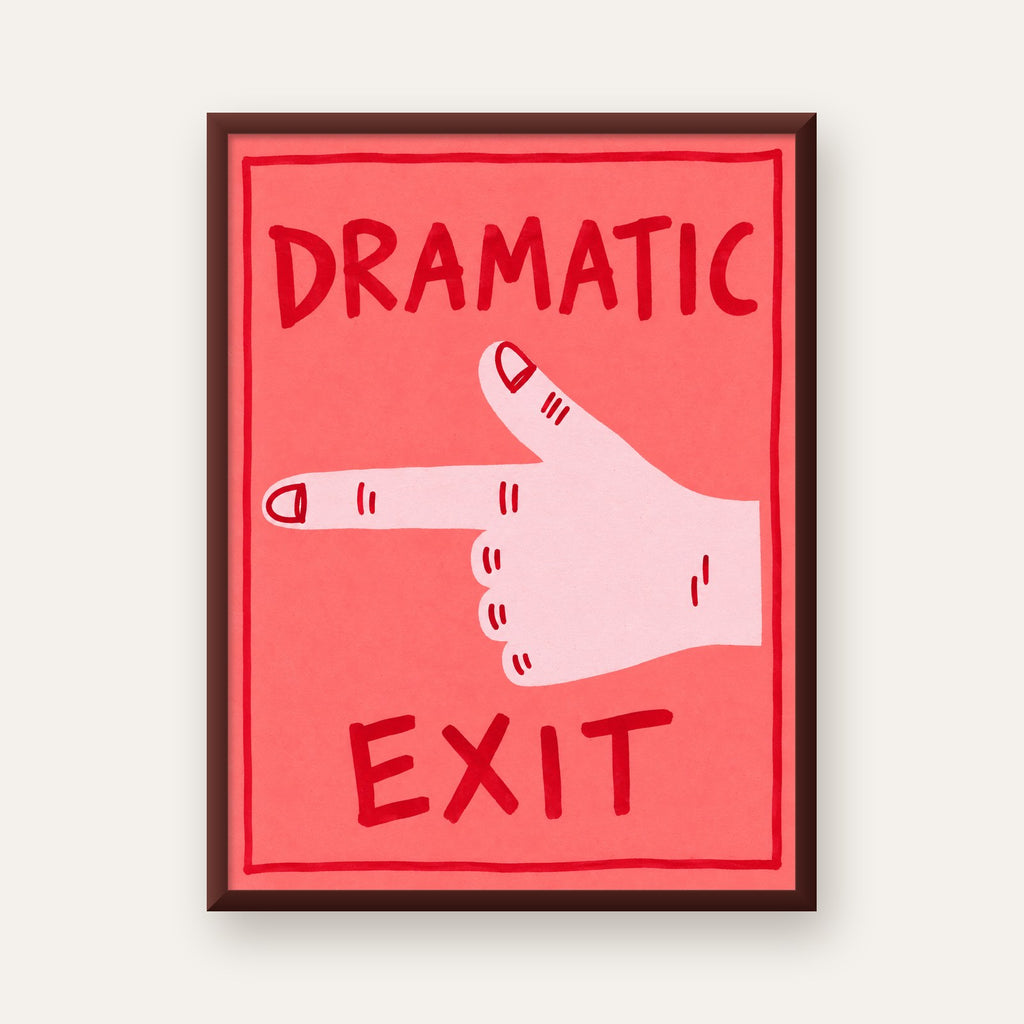 Mizahi 'Dramatic Exit' El Çizimi Poster – Modern Duvar Dekoru — ceviz çerçeveli