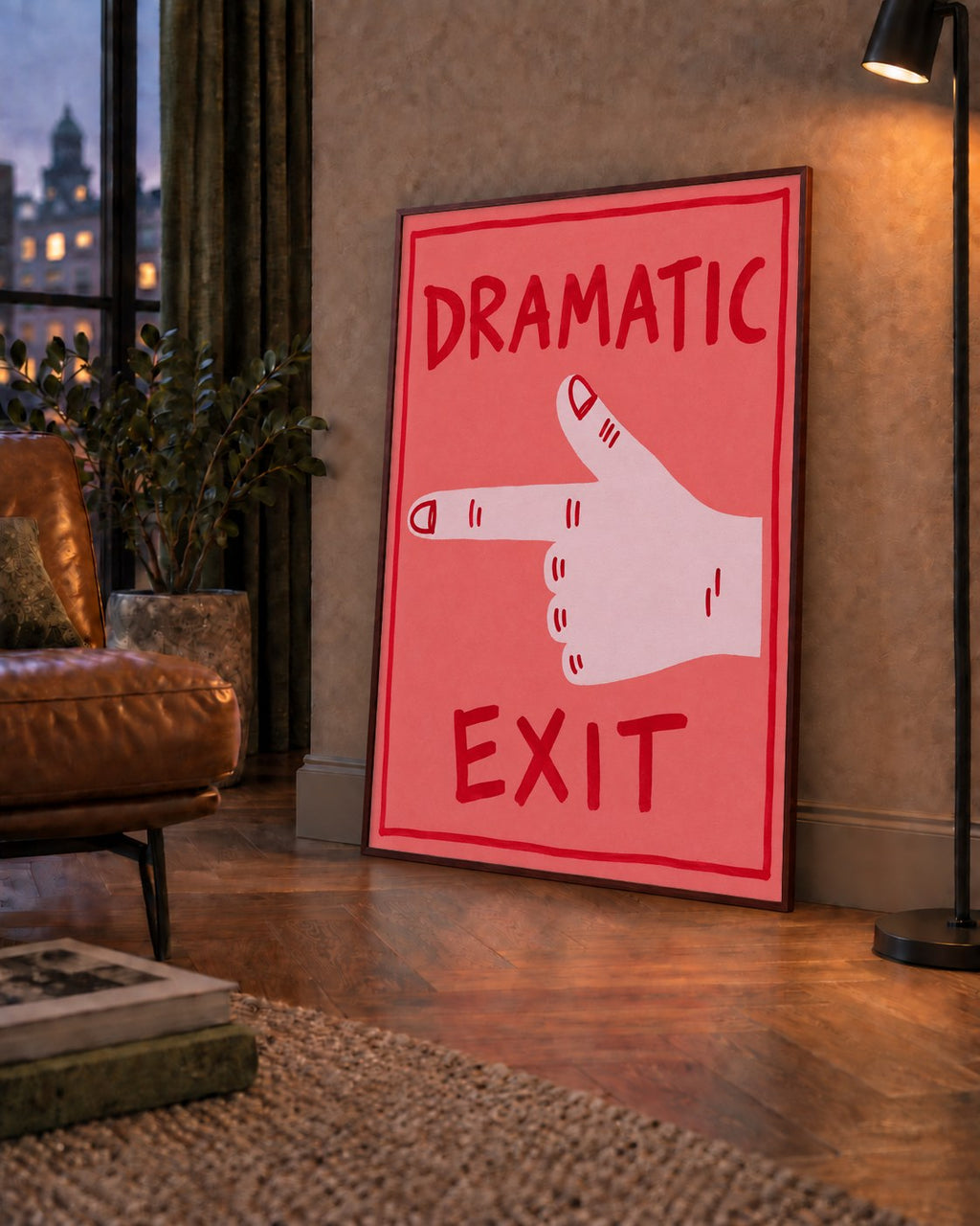 Mizahi 'Dramatic Exit' El Çizimi Poster – Modern Duvar Dekoru — çerçeveli hâliyle bir ev duvarında