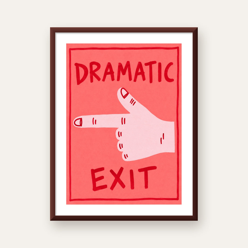 Mizahi 'Dramatic Exit' El Çizimi Poster – Modern Duvar Dekoru — ceviz çerçeveli paspartulu