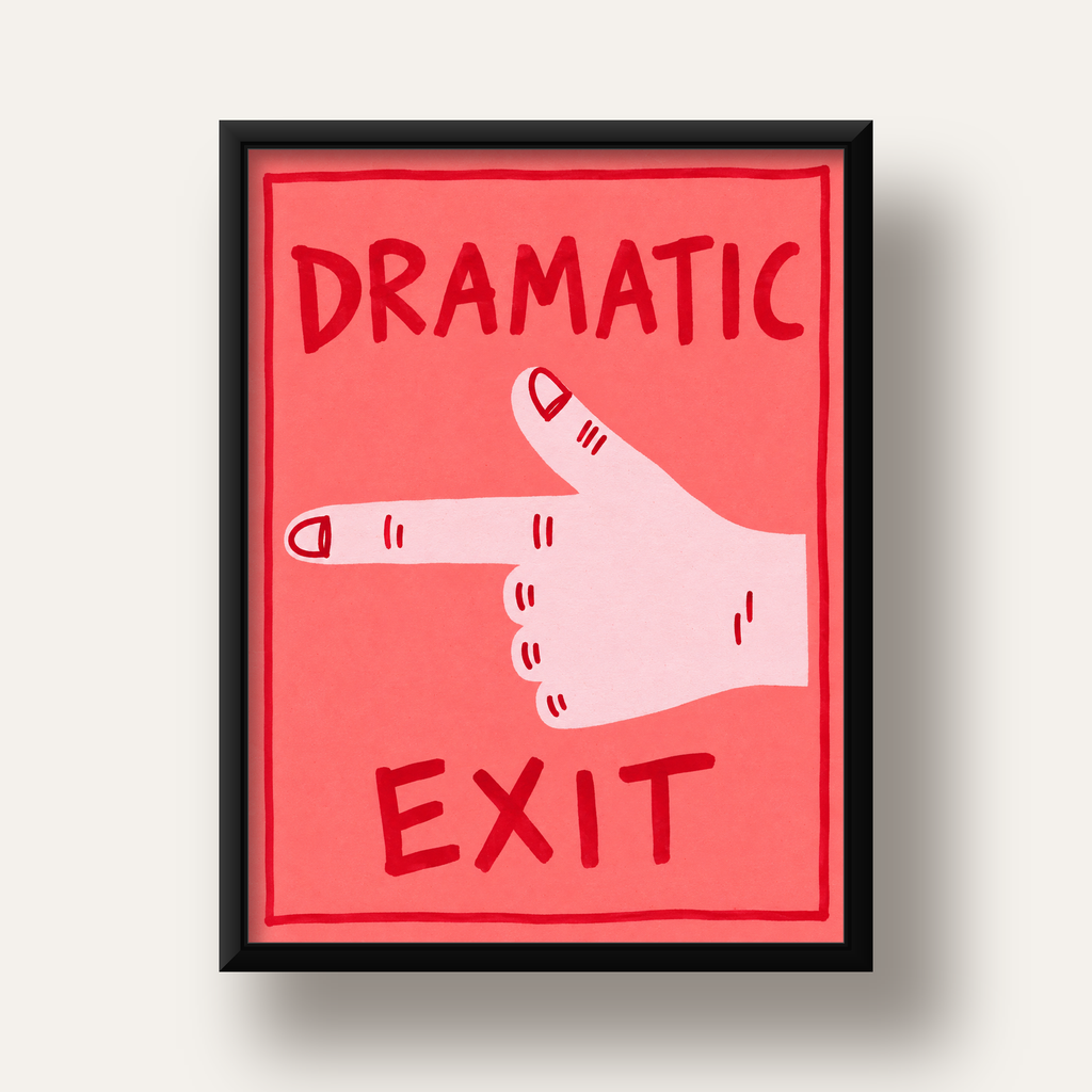 Mizahi 'Dramatic Exit' El Çizimi Poster – Modern Duvar Dekoru — siyah derin çerçeveli