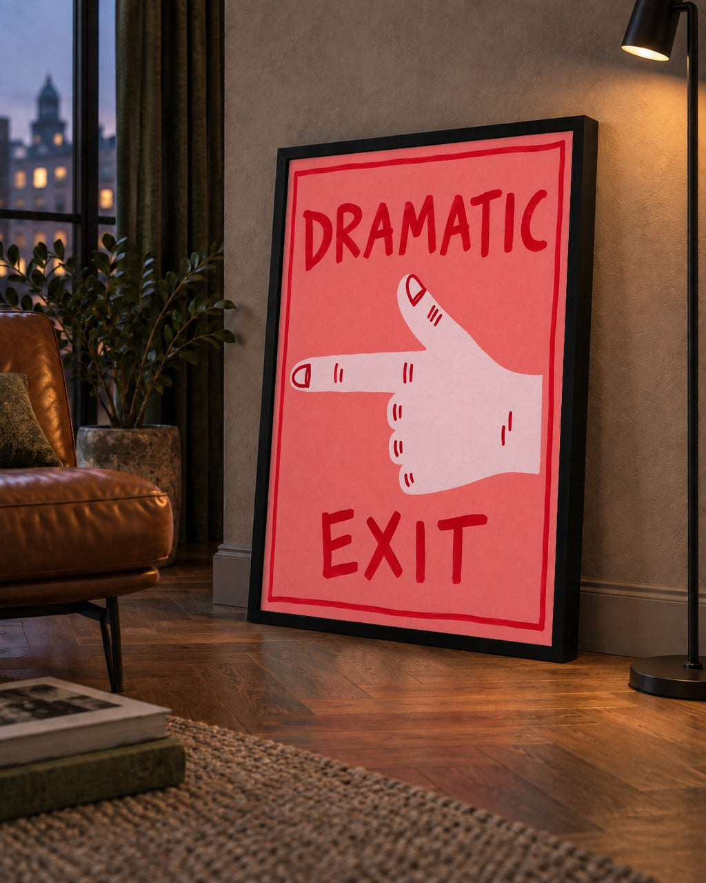Mizahi 'Dramatic Exit' El Çizimi Poster – Modern Duvar Dekoru — çerçeveli hâliyle bir ev duvarında