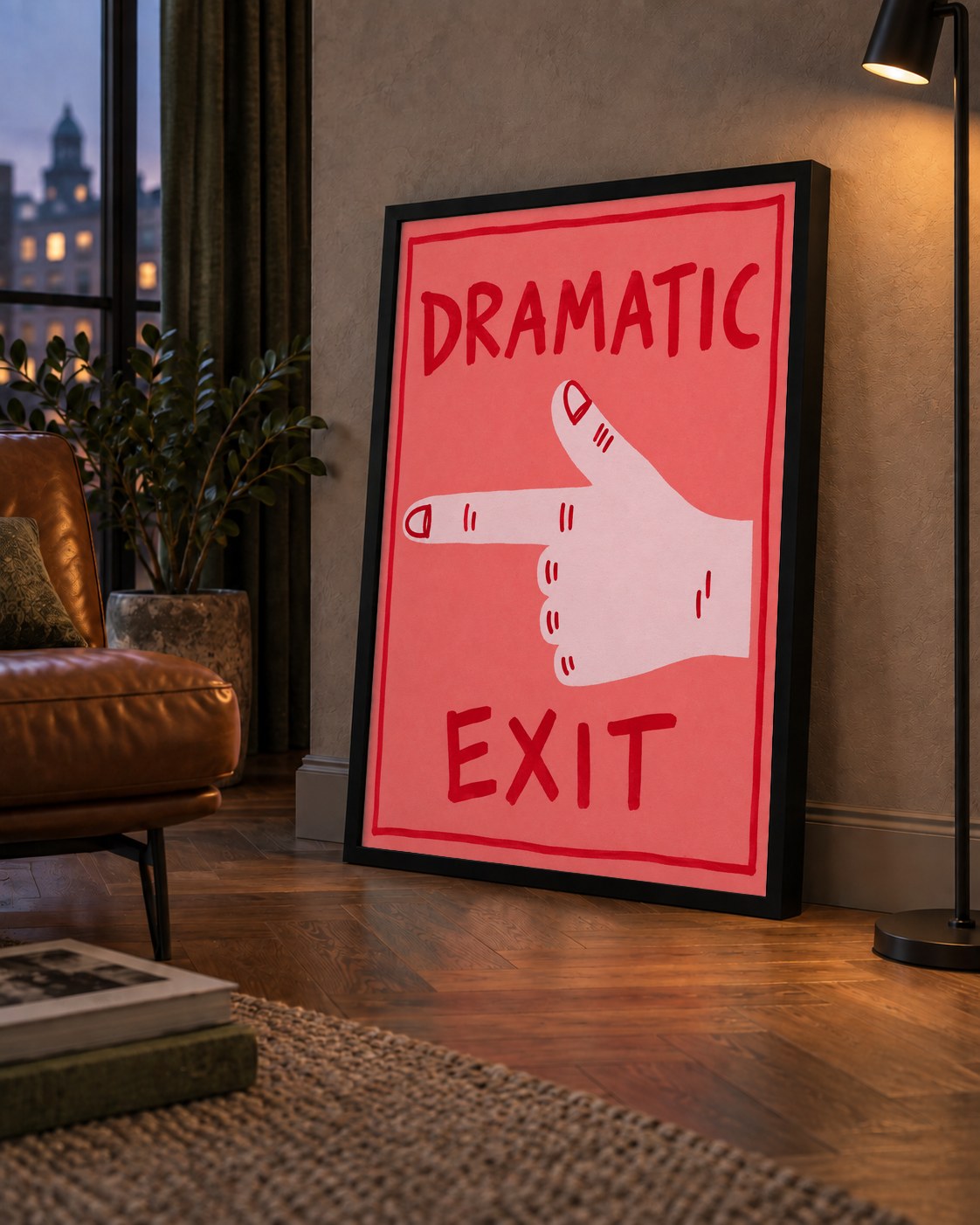 Mizahi 'Dramatic Exit' El Çizimi Poster – Modern Duvar Dekoru — çerçeveli hâliyle bir ev duvarında
