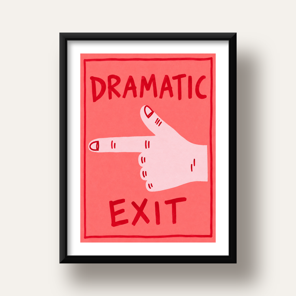 Mizahi 'Dramatic Exit' El Çizimi Poster – Modern Duvar Dekoru — siyah derin çerçeveli paspartulu