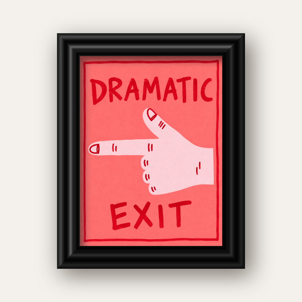 Mizahi 'Dramatic Exit' El Çizimi Poster – Modern Duvar Dekoru — siyah galeri çerçeveli