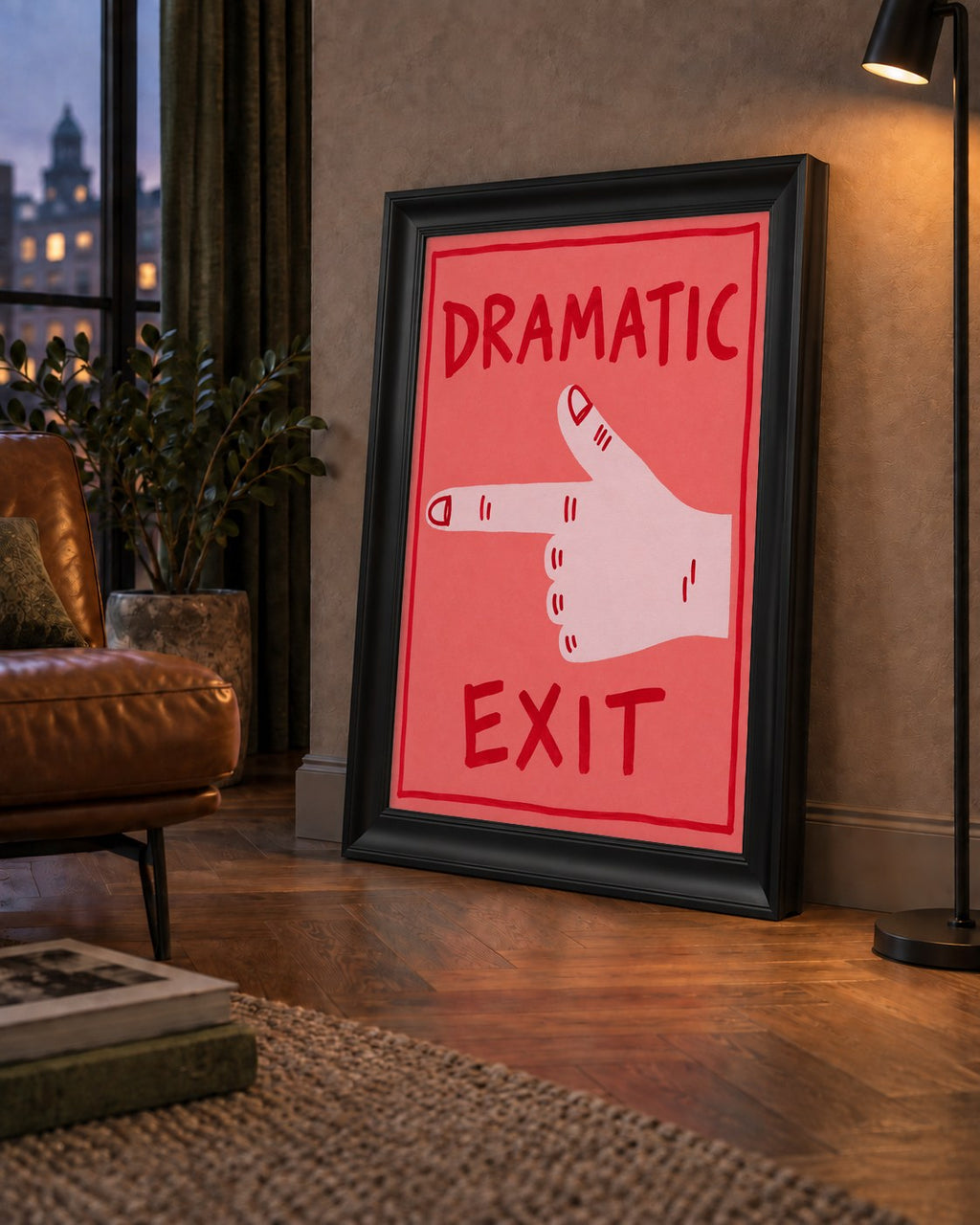 Mizahi 'Dramatic Exit' El Çizimi Poster – Modern Duvar Dekoru — çerçeveli hâliyle bir ev duvarında