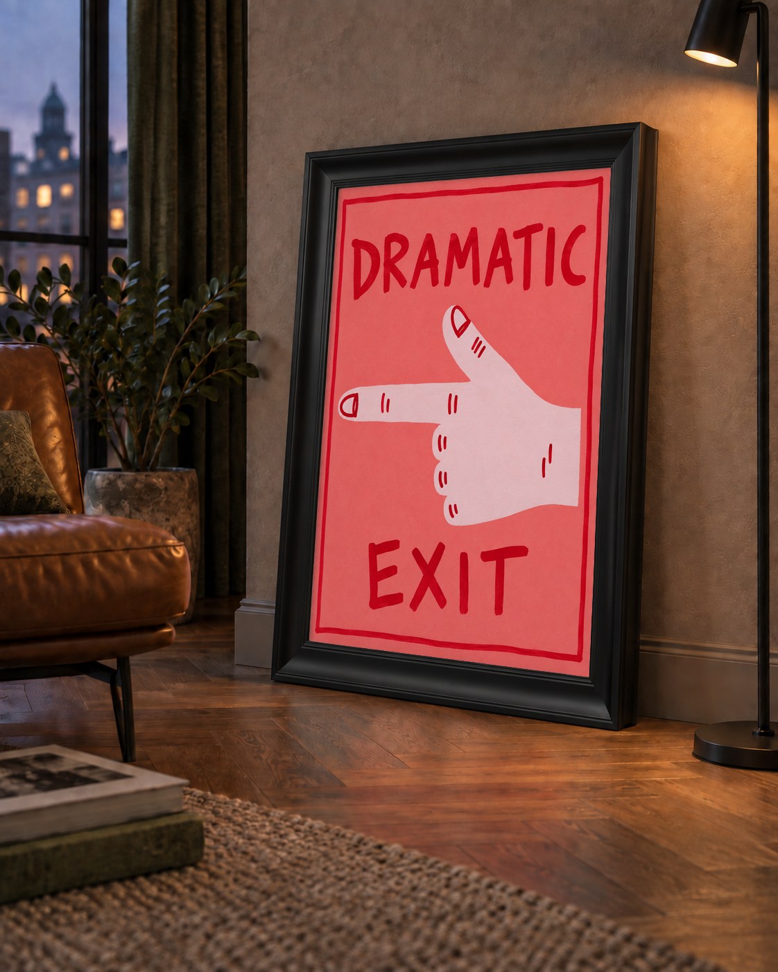 Mizahi 'Dramatic Exit' El Çizimi Poster – Modern Duvar Dekoru — çerçeveli hâliyle bir ev duvarında