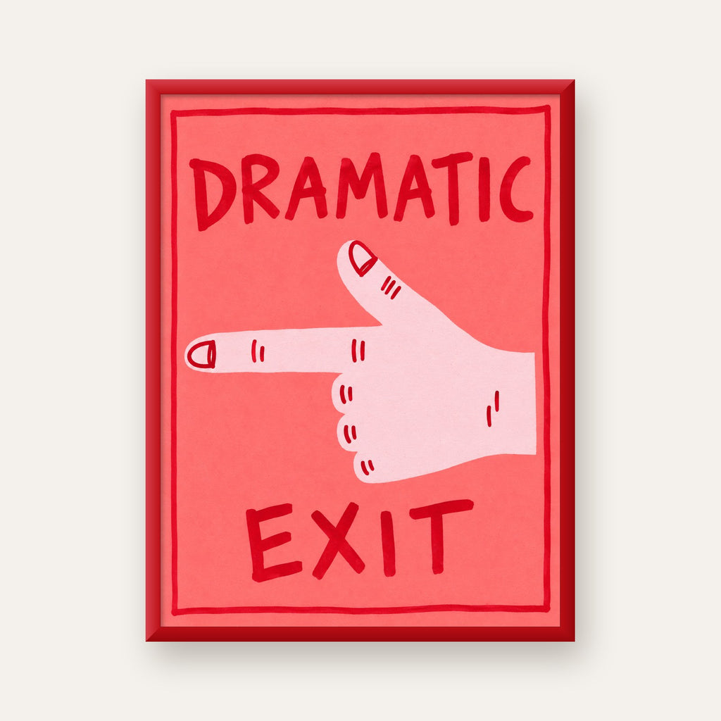 Mizahi 'Dramatic Exit' El Çizimi Poster – Modern Duvar Dekoru — kırmızı çerçeveli