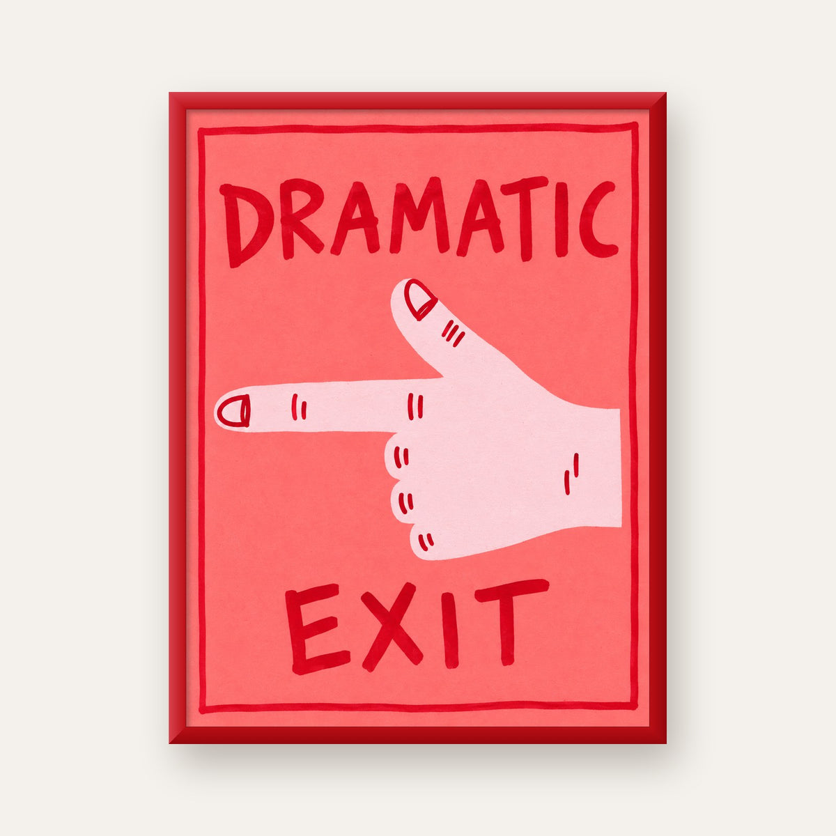 Mizahi 'Dramatic Exit' El Çizimi Poster – Modern Duvar Dekoru — kırmızı çerçeveli