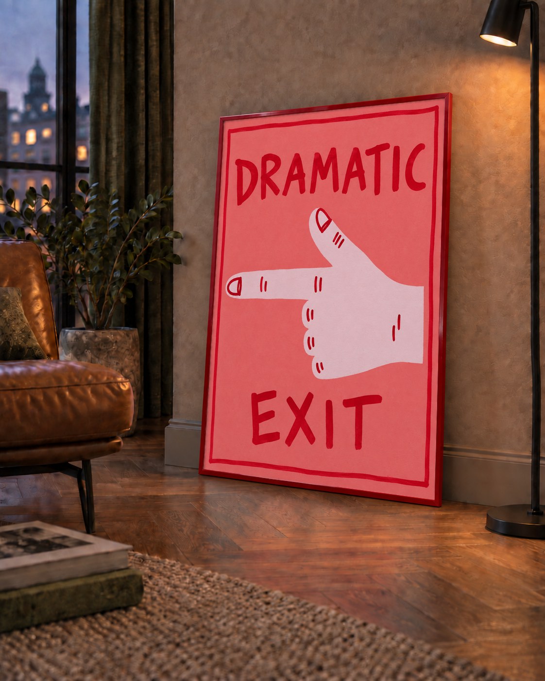 Mizahi 'Dramatic Exit' El Çizimi Poster – Modern Duvar Dekoru — çerçeveli hâliyle bir ev duvarında