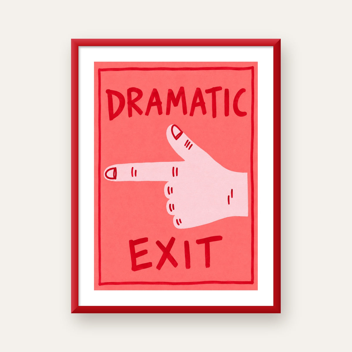Mizahi 'Dramatic Exit' El Çizimi Poster – Modern Duvar Dekoru — kırmızı çerçeveli paspartulu