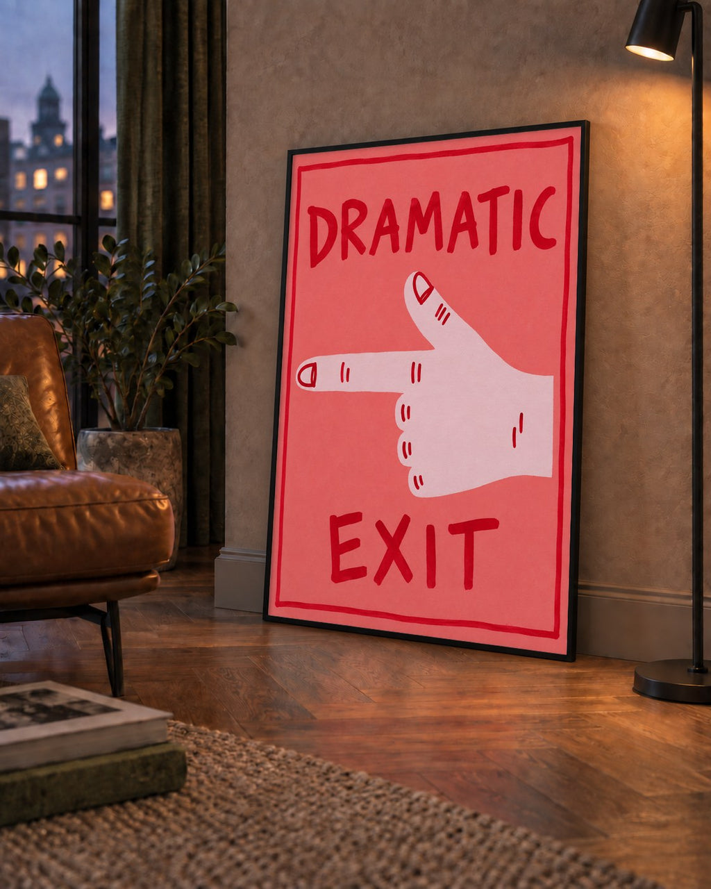 Mizahi 'Dramatic Exit' El Çizimi Poster – Modern Duvar Dekoru — çerçeveli hâliyle bir ev duvarında