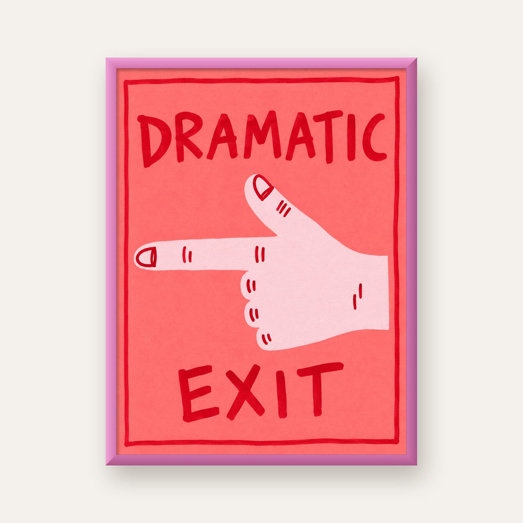 Mizahi 'Dramatic Exit' El Çizimi Poster – Modern Duvar Dekoru — pembe çerçeveli