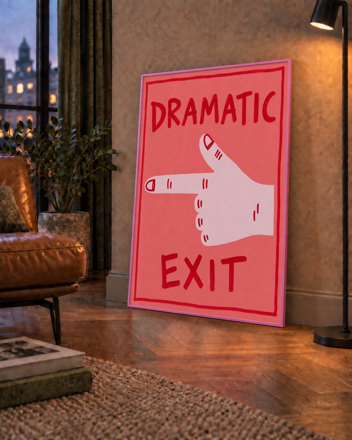 Mizahi 'Dramatic Exit' El Çizimi Poster – Modern Duvar Dekoru — çerçeveli hâliyle bir ev duvarında