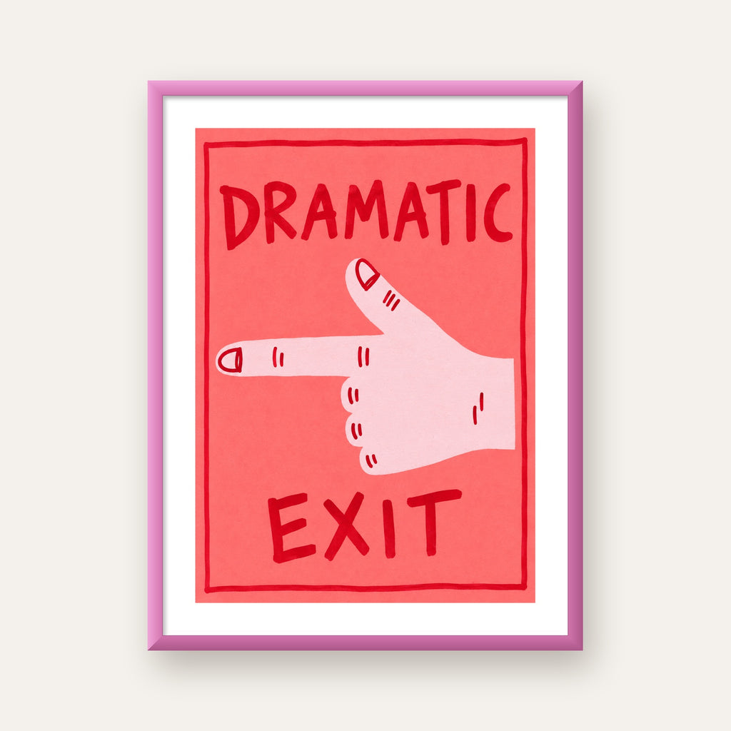 Mizahi 'Dramatic Exit' El Çizimi Poster – Modern Duvar Dekoru — pembe çerçeveli paspartulu